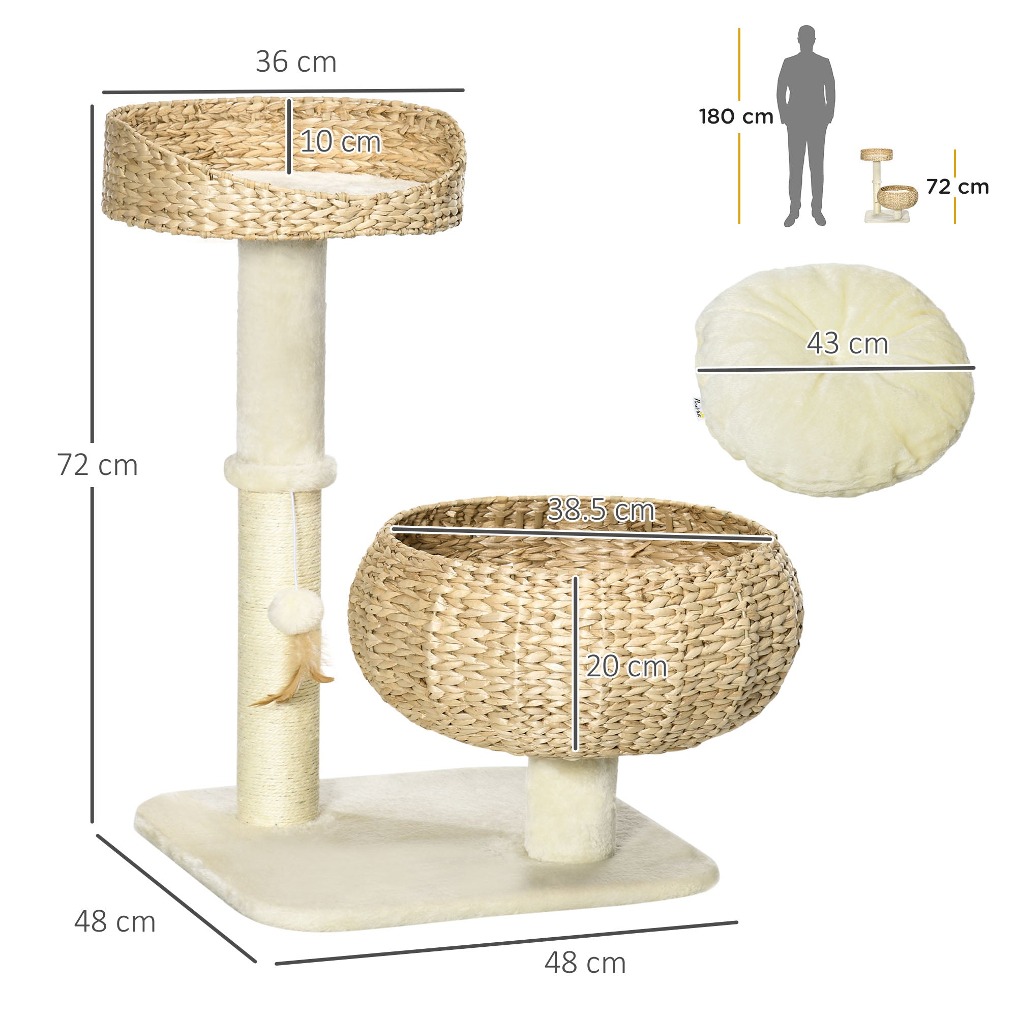 72cm Cat Tree, Kitty Activity Center, Cat Climbing Toy, Cat Tower with 2 Cattail Beds Ball Toy Sisal Scratching Post, Beige