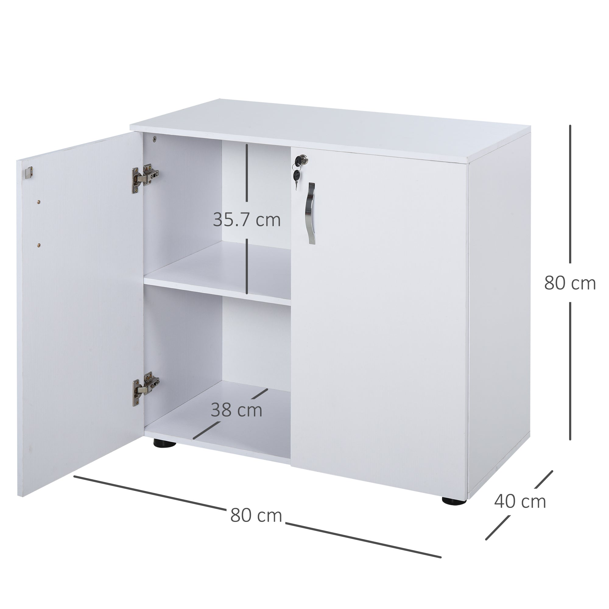 2-Tier Locking Office Storage Cabinet File Organisation w/ Feet Melamine Coating Aluminium Handles 2 Keys Stylish White