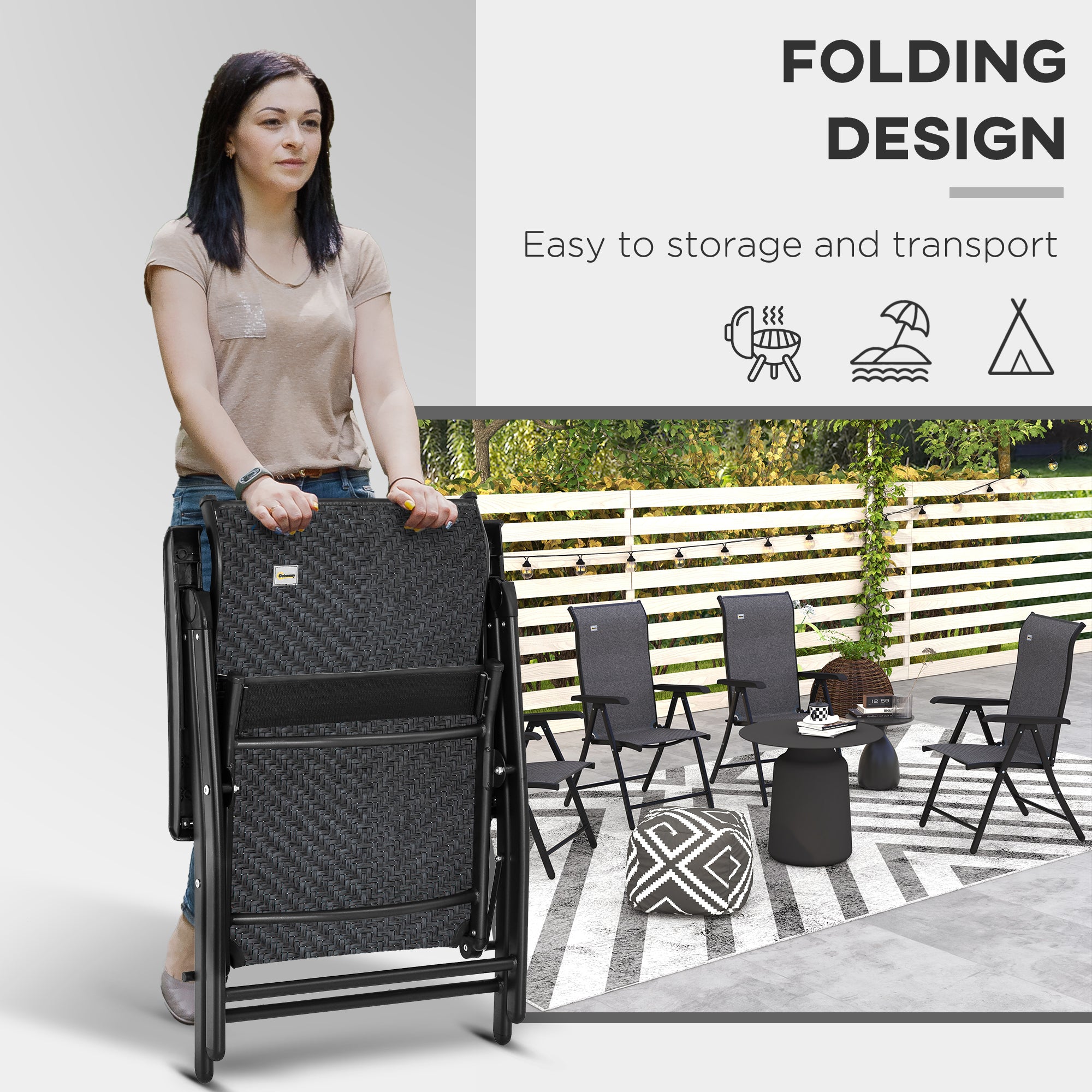 4 Piece Outdoor Folding Rattan Chair Set with Adjustable Backrest - Black