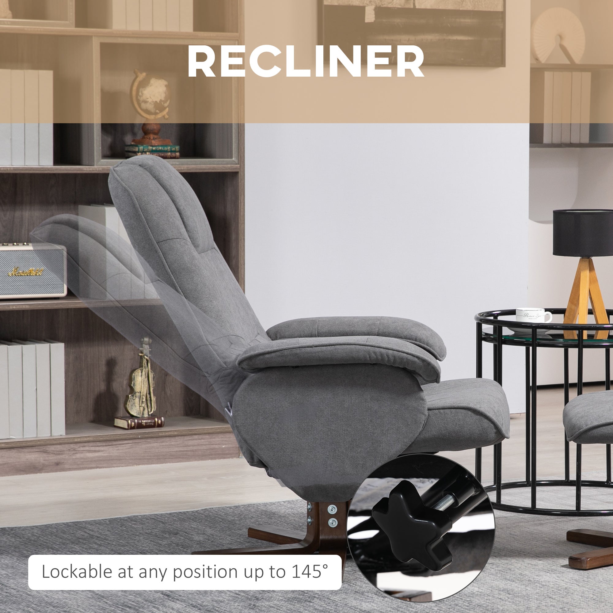 Linen Swivel Recliner Armchair with Footstool and Wooden Base - Grey