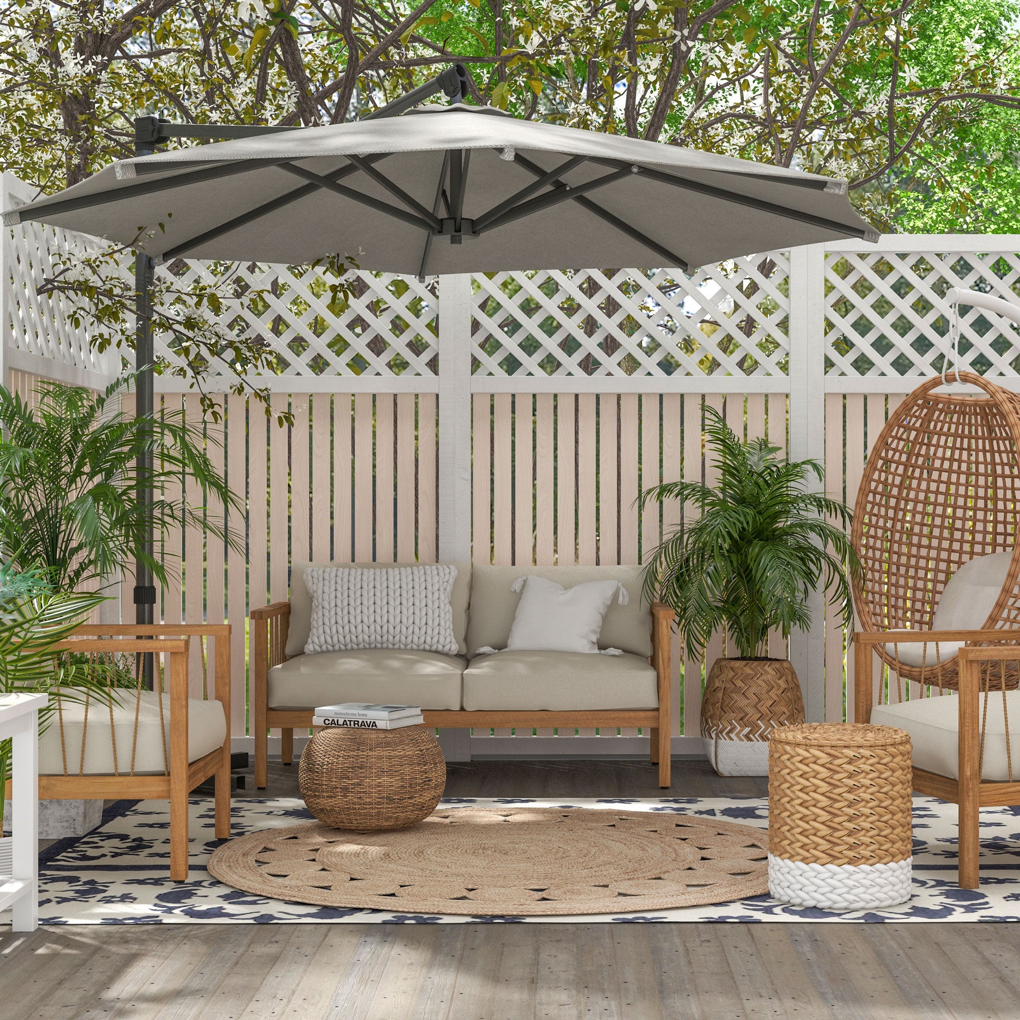 3 m Cantilever Banana Parasol with Cross Base, 360° Rotation Patio Umbrella with Crank Handle, Tilt, Light Grey