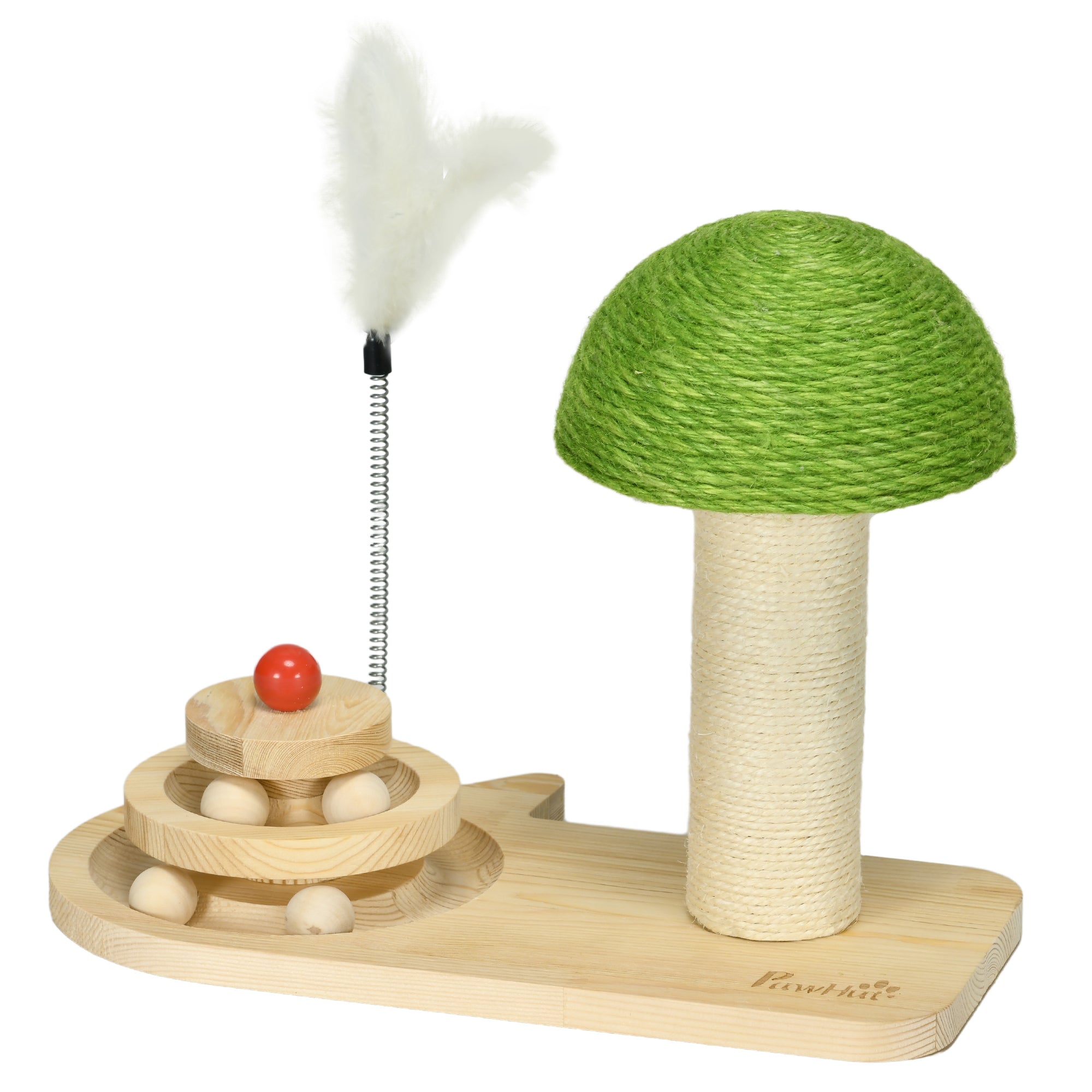 Mushroom-Shaped Cat Scratching Post, with Toy Balls, Feather for Indoor Cats, 35 x 21 x 26cm - Natural Tone