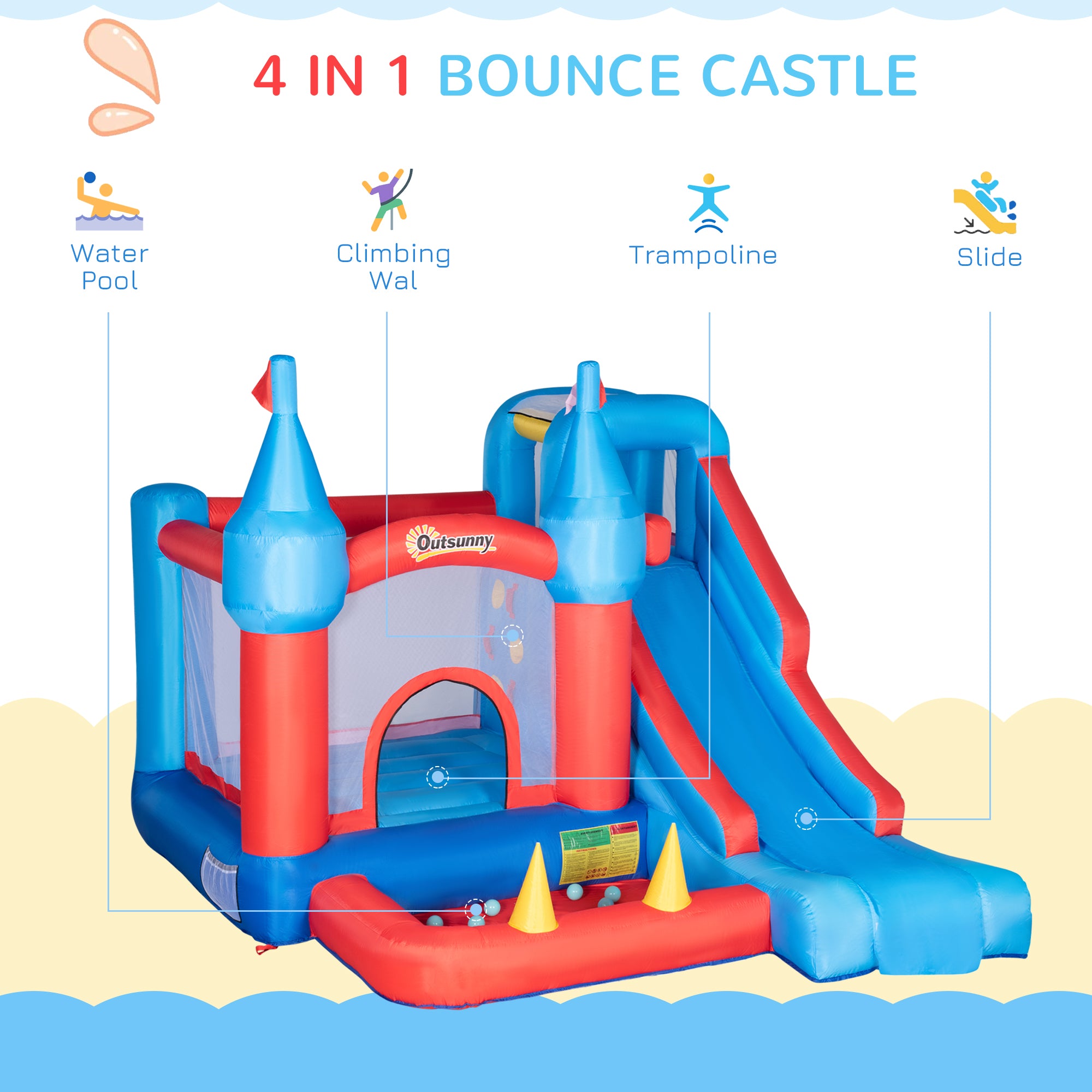 5 in 1 Kids Bounce Castle Large Inflatable House Trampoline Slide Water Pool Climbing Wall with 450W Inflator Carrybag for Kids Age 3-8