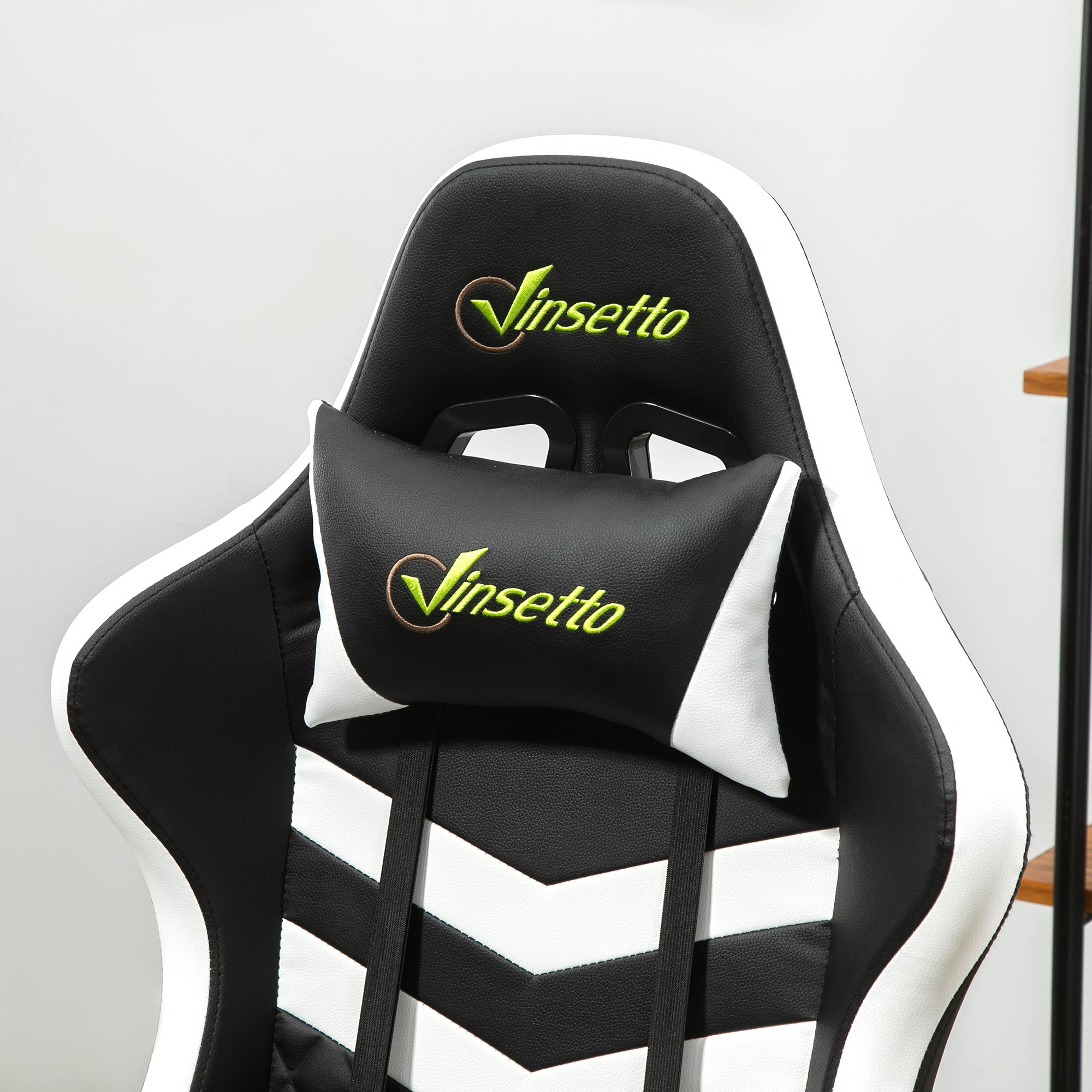 Racing Gaming Chair with Lumbar Support, Headrest, Swivel Wheel, PVC Leather Gamer Desk Chair for Home Office, Black White