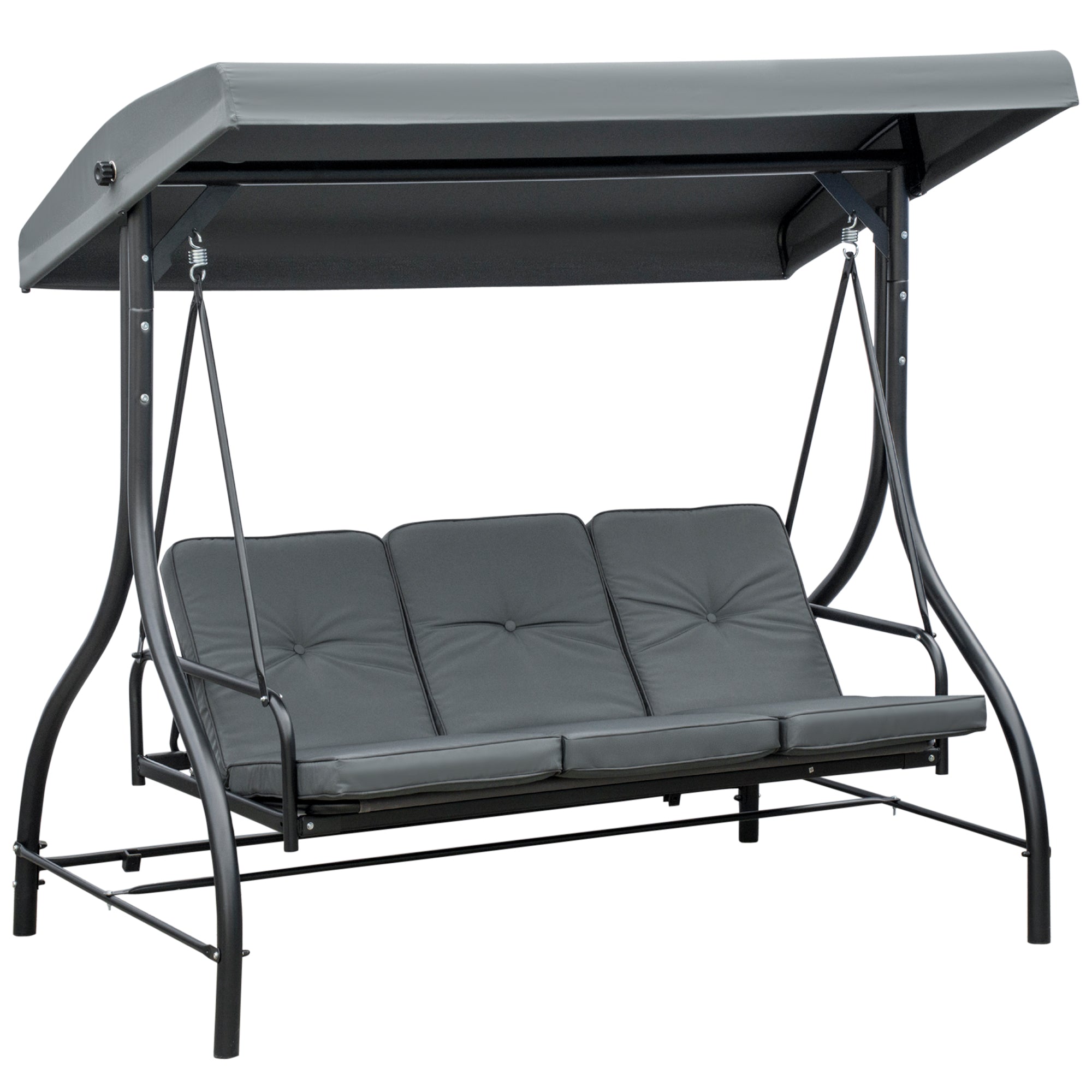 3 Seater Canopy Swing Chair, 2 in 1 Garden Swing Seat Bed, with Adjustable Canopy and Metal Frame, Dark Grey