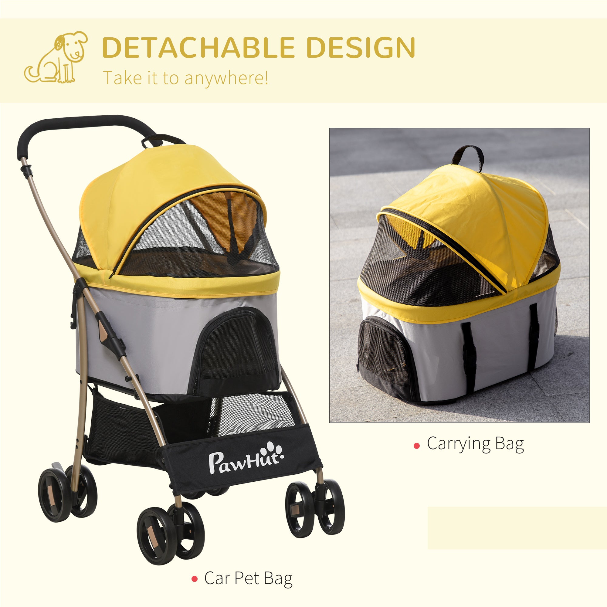 Detachable Pet Stroller with Rain Cover, 3 In 1 Cat Dog Pushchair, Foldable Carrying Bag w/ Universal Wheels, Brake, Canopy, Basket