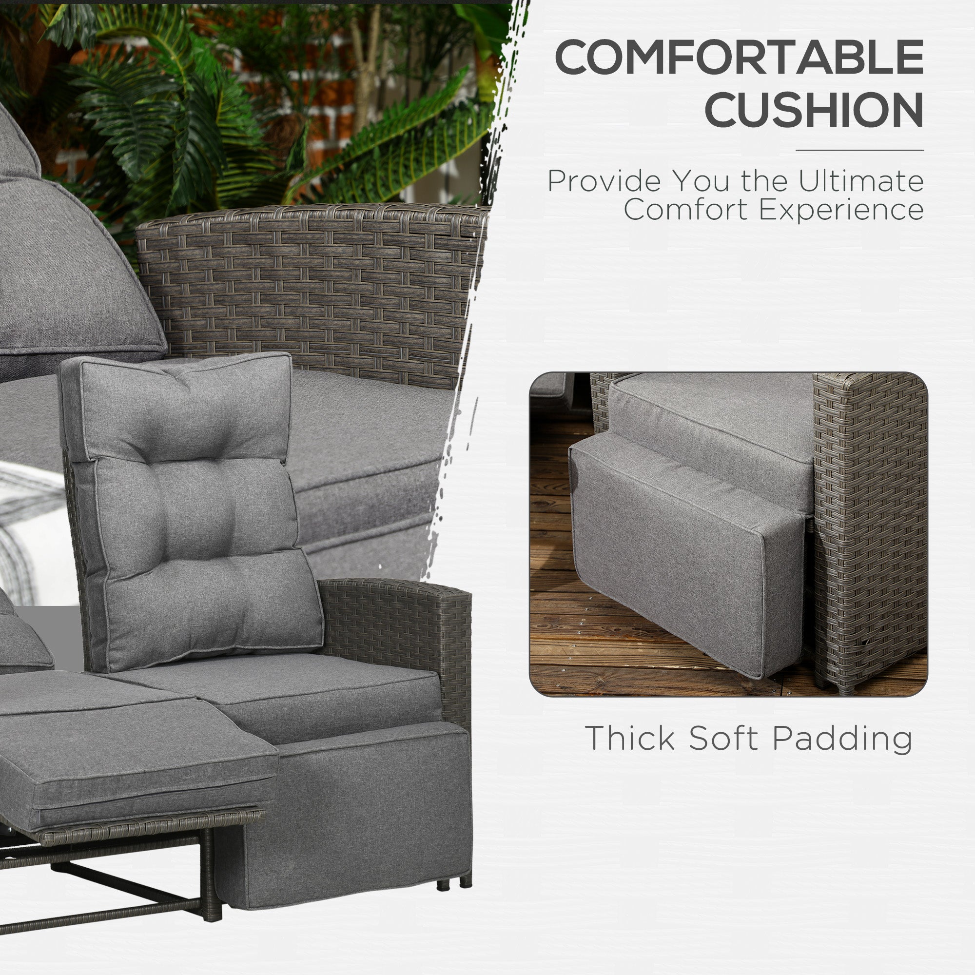 4 Piece 4 Seater Rattan Garden Furniture Set with Reclining Armchairs and Glass Table - Grey
