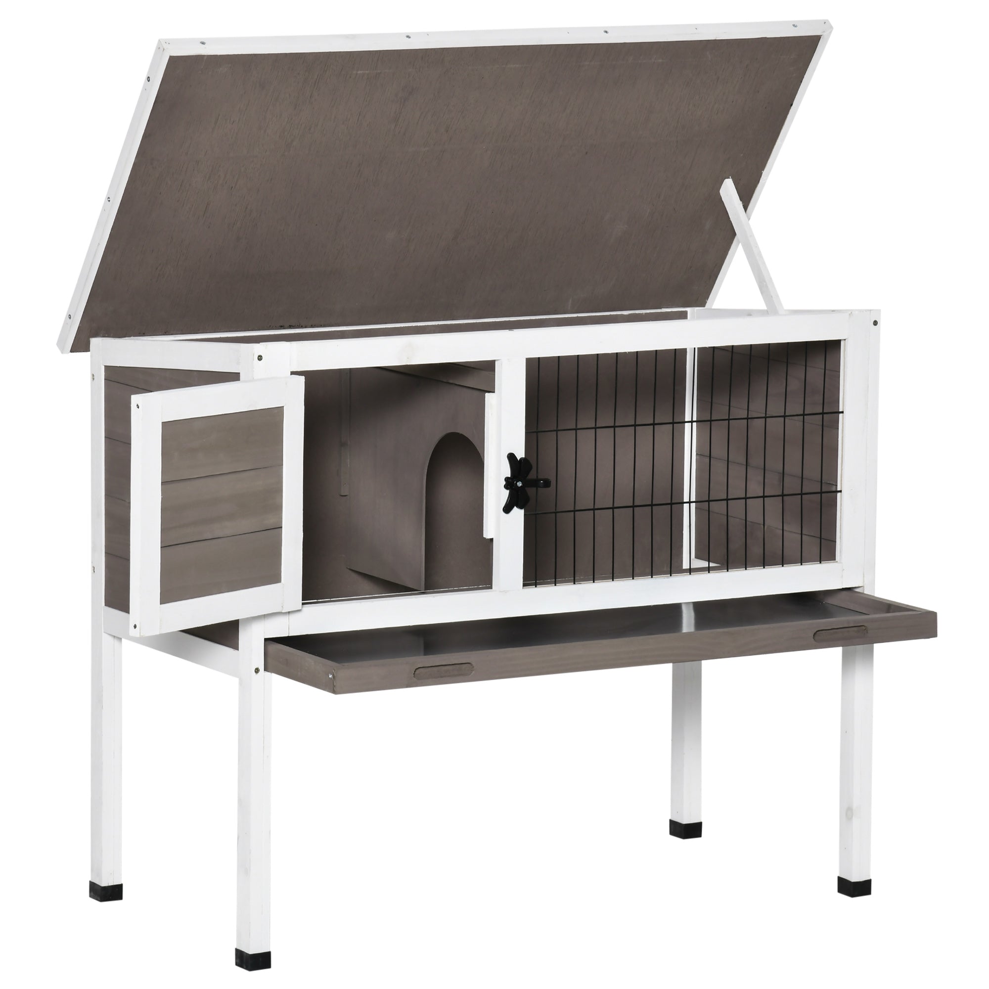 Elevated Wooden Rabbit Hutch, Indoor/Outdoor Bunny Cage with Hinged Asphalt Roof and Removable Tray for Guinea Pig, Brown