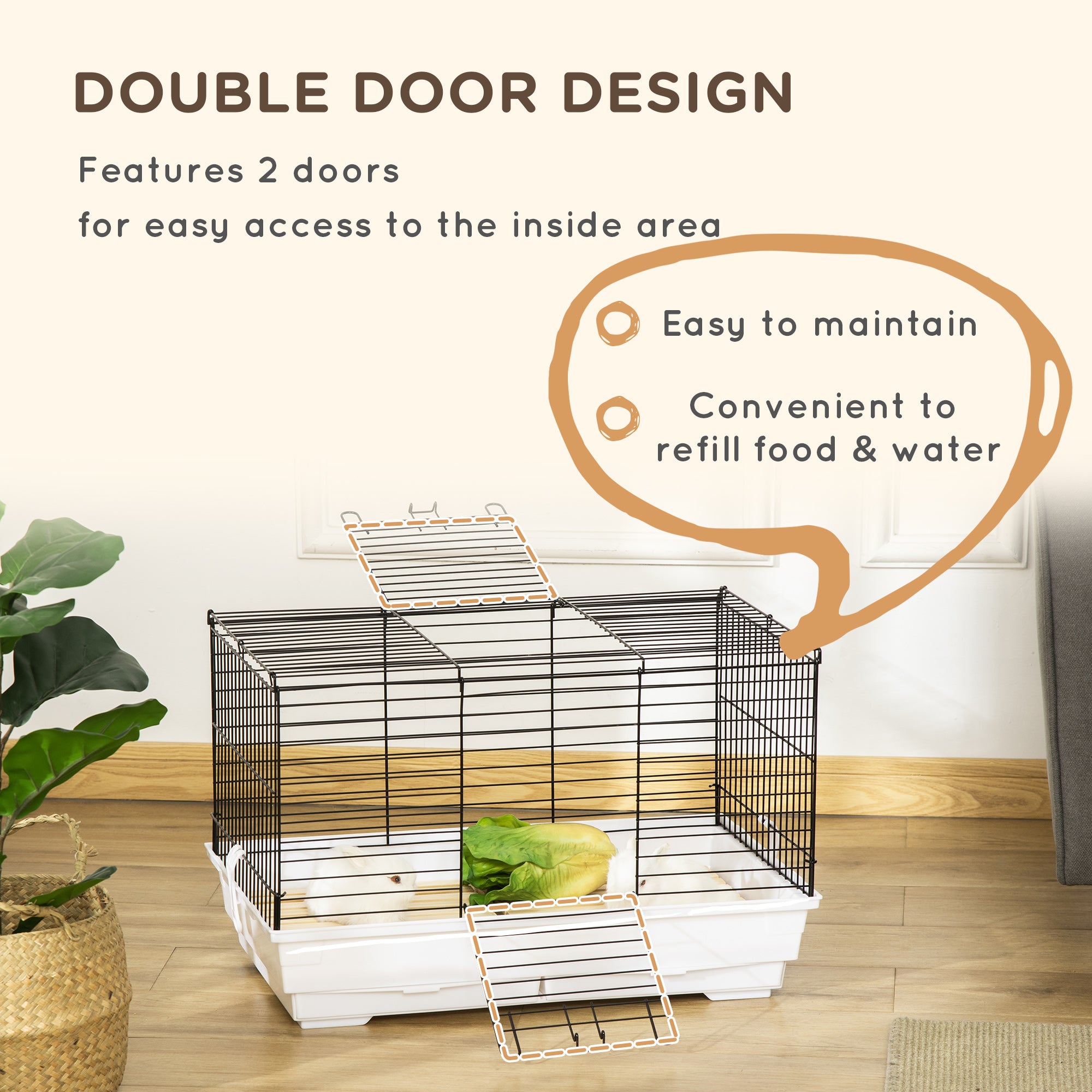 Indoor Small Animal Cage with Wood Floor, Bunny Guinea Pig House with Removable Tray, 61.5 x 38 x 40 cm, White