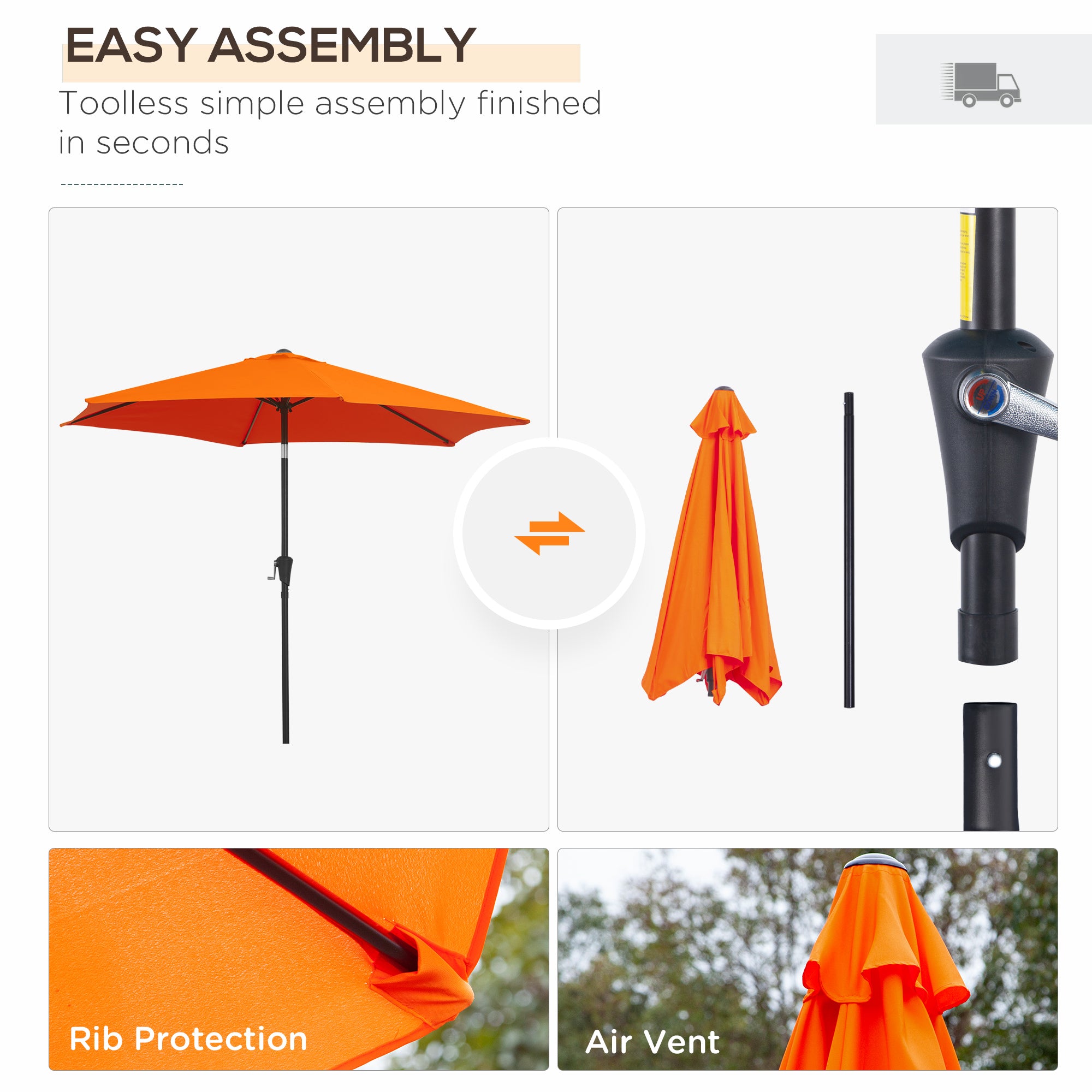 2.7M Patio Tilt Umbrella Sun Parasol Outdoor Garden Sun Shade Aluminium Frame with Crank（Orange）