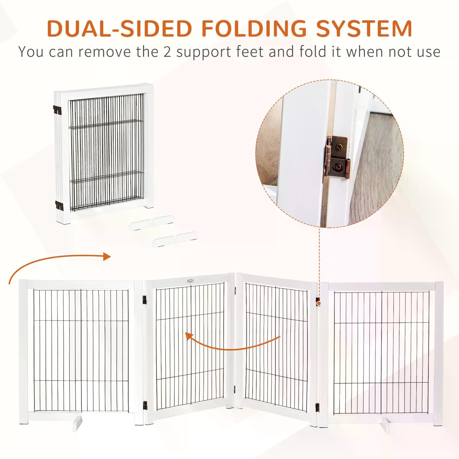 Dog Gate Wooden Foldable Small & Medium-Sized Pet Gate 4 Panel with Support Feet Pet Fence Safety Barrier for House Doorway Stairs White