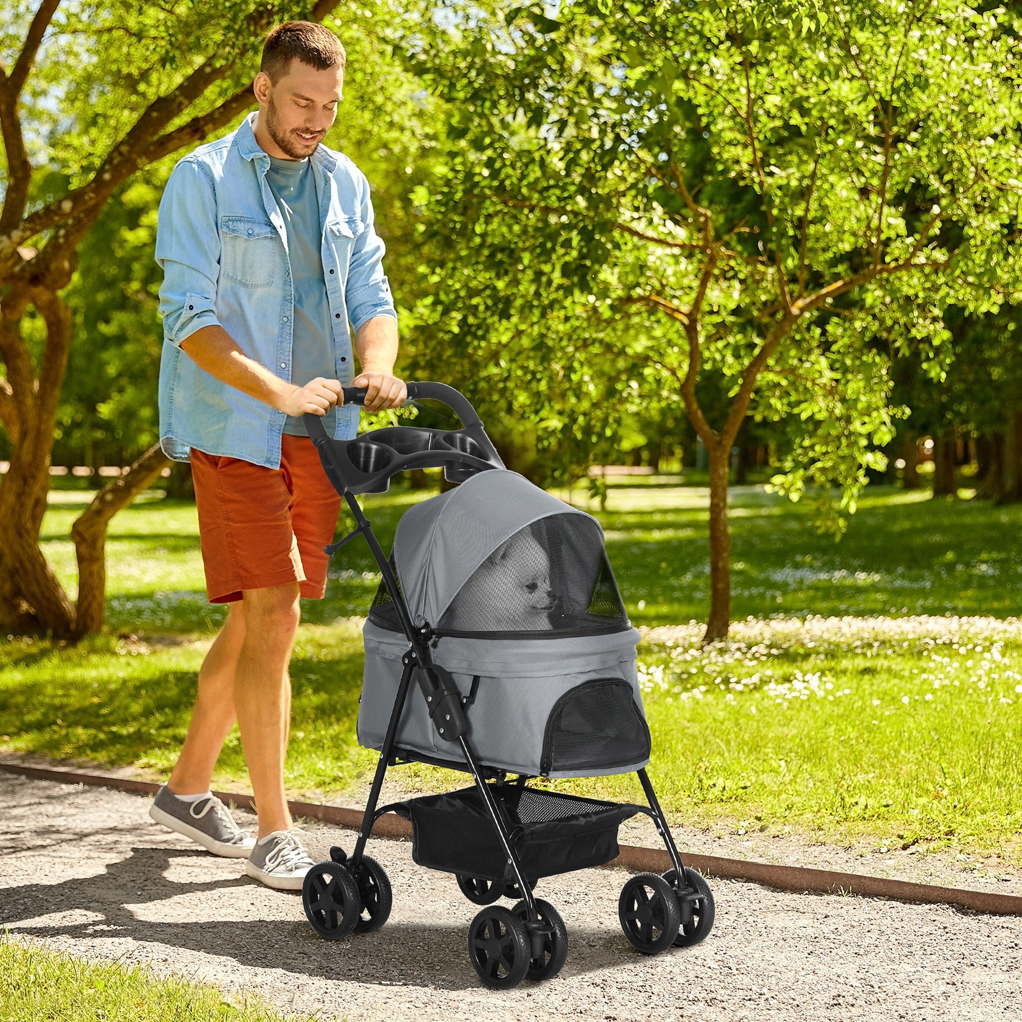 No-Zip Pet Stroller Dog Cat Travel Pushchair One-Click Fold Trolley Jogger with EVA Wheels Brake Basket Adjustable Canopy Safety Leash Grey