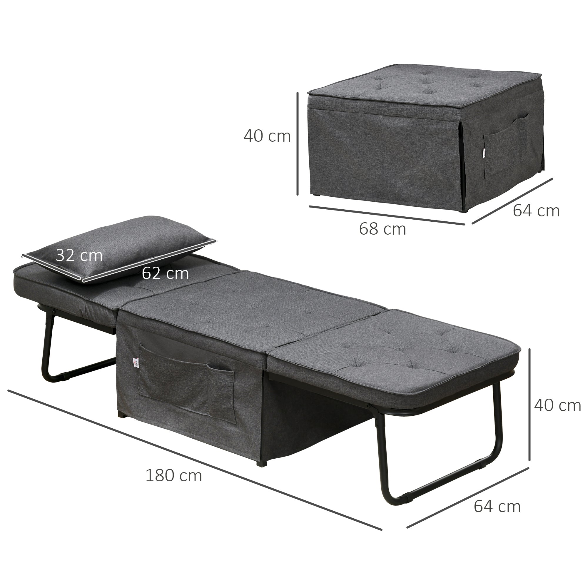 Fabric Sleeper Chair, Folding Chair Bed with Adjustable Backrest, Pillow, Side Pockets for Living Room, Charcoal Grey