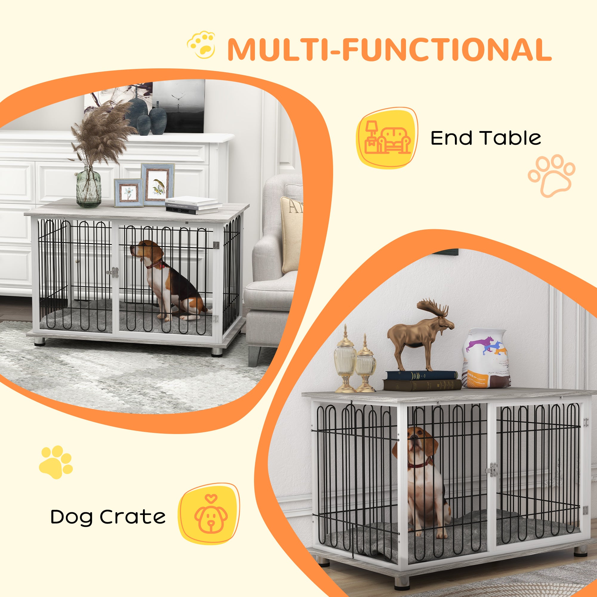 Indoor Dog Crate Furniture, Side End Table, with Soft Washable Cushion, Lockable Doors, for Big Dogs