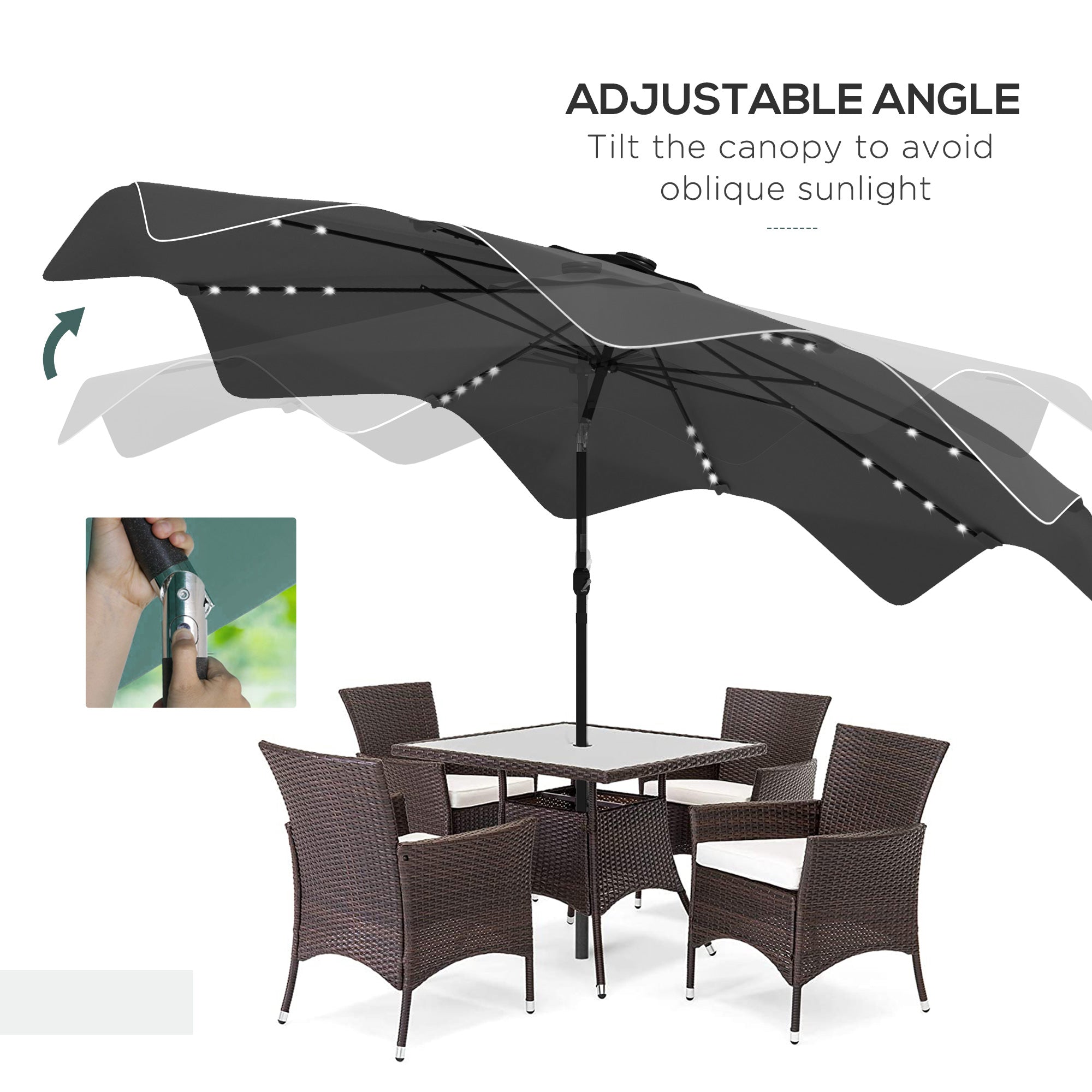 Solar Patio Umbrella with LED and Tilt, Outdoor Market Table Umbrella Parasol with Crank, 3 x 3 (m), Dark Grey