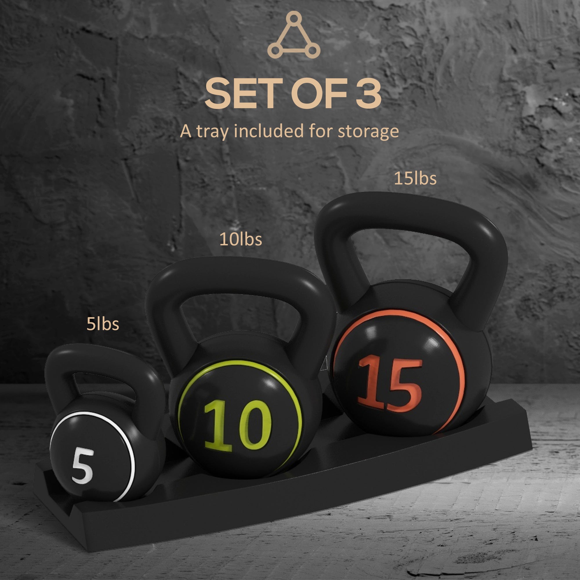 Set 3 Kettlebell Set Weights with Storage Stand for Home Gym Weight Lifting Training, 5lbs, 10lbs, 15lbs