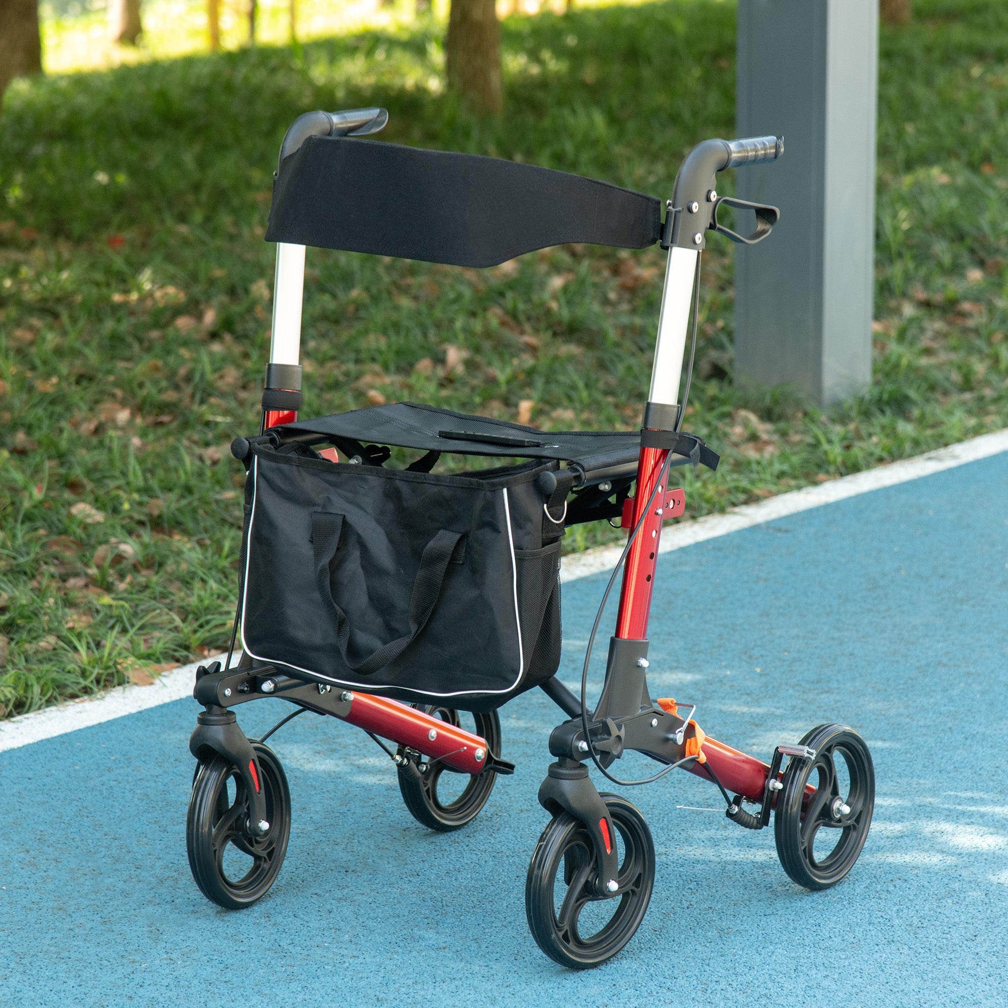 Folding Rollator Walker w/ Seat & Backrest, Lightweight Walking Frame w/ Adjustable Handle Height, 4 Wheeled Walker, Red