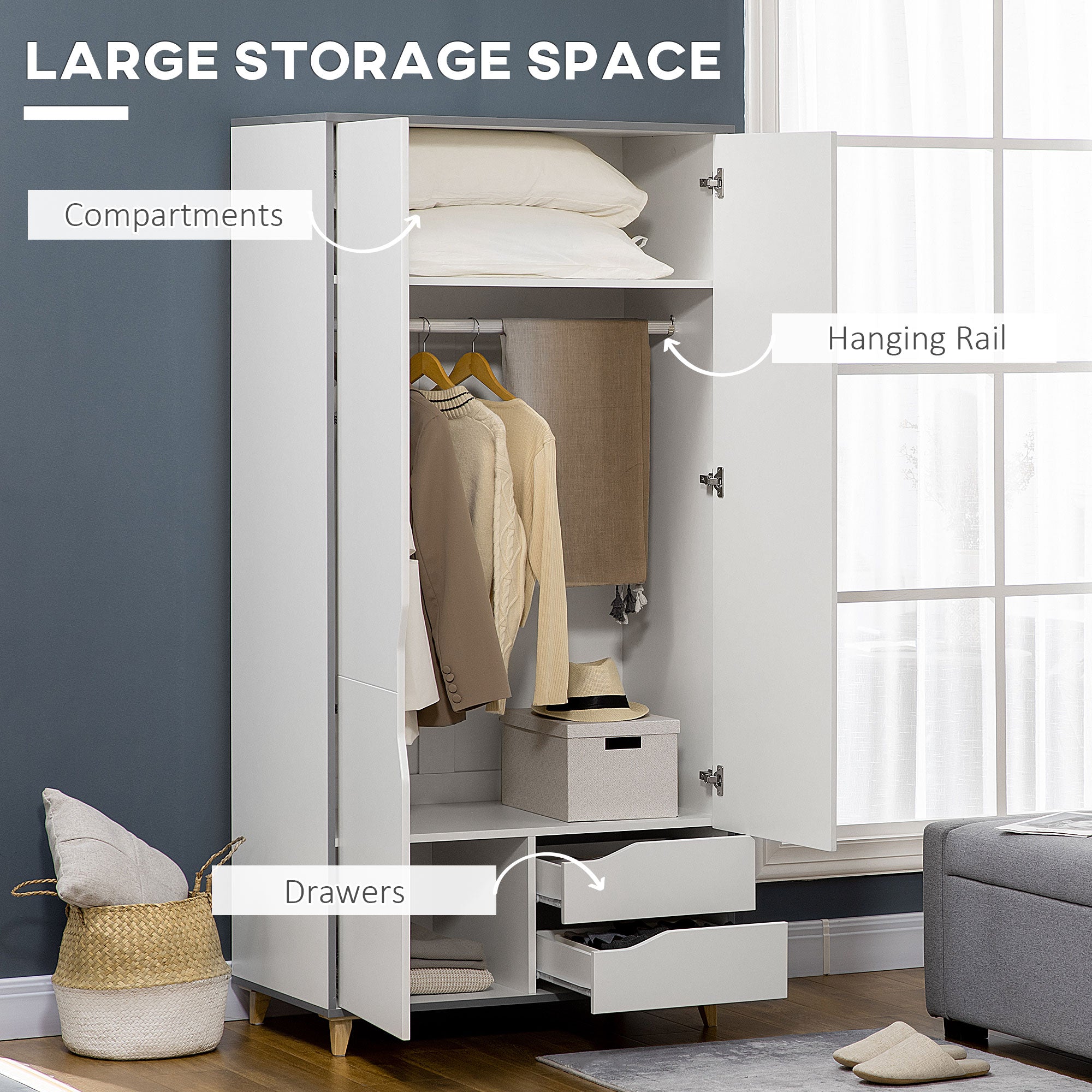 Wardrobe with 2 Doors, 2 Drawers, Hanging Rail, Shelves for Bedroom Clothes Storage Organiser, 89x50x185cm, White