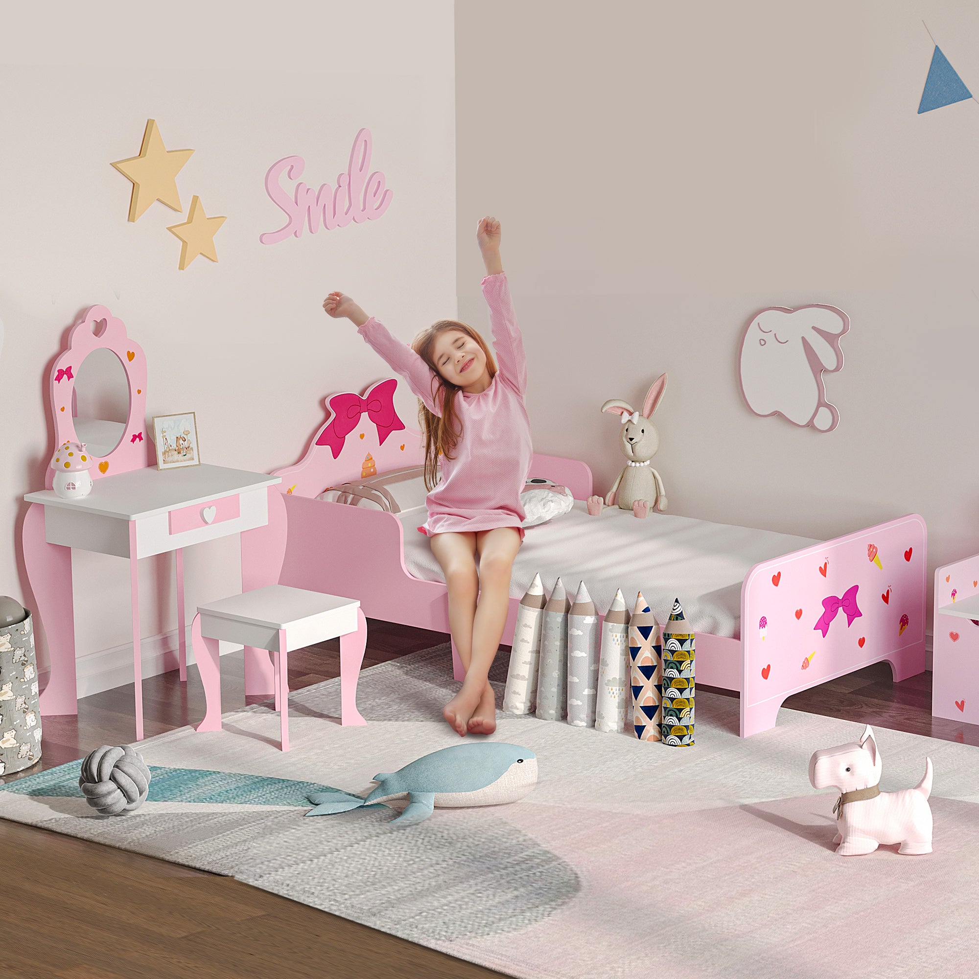 3PCs Kids Bedroom Furniture Set with Bed, Dressing Table and Stool, Princess Themed, for 3-6 Years Old, Pink