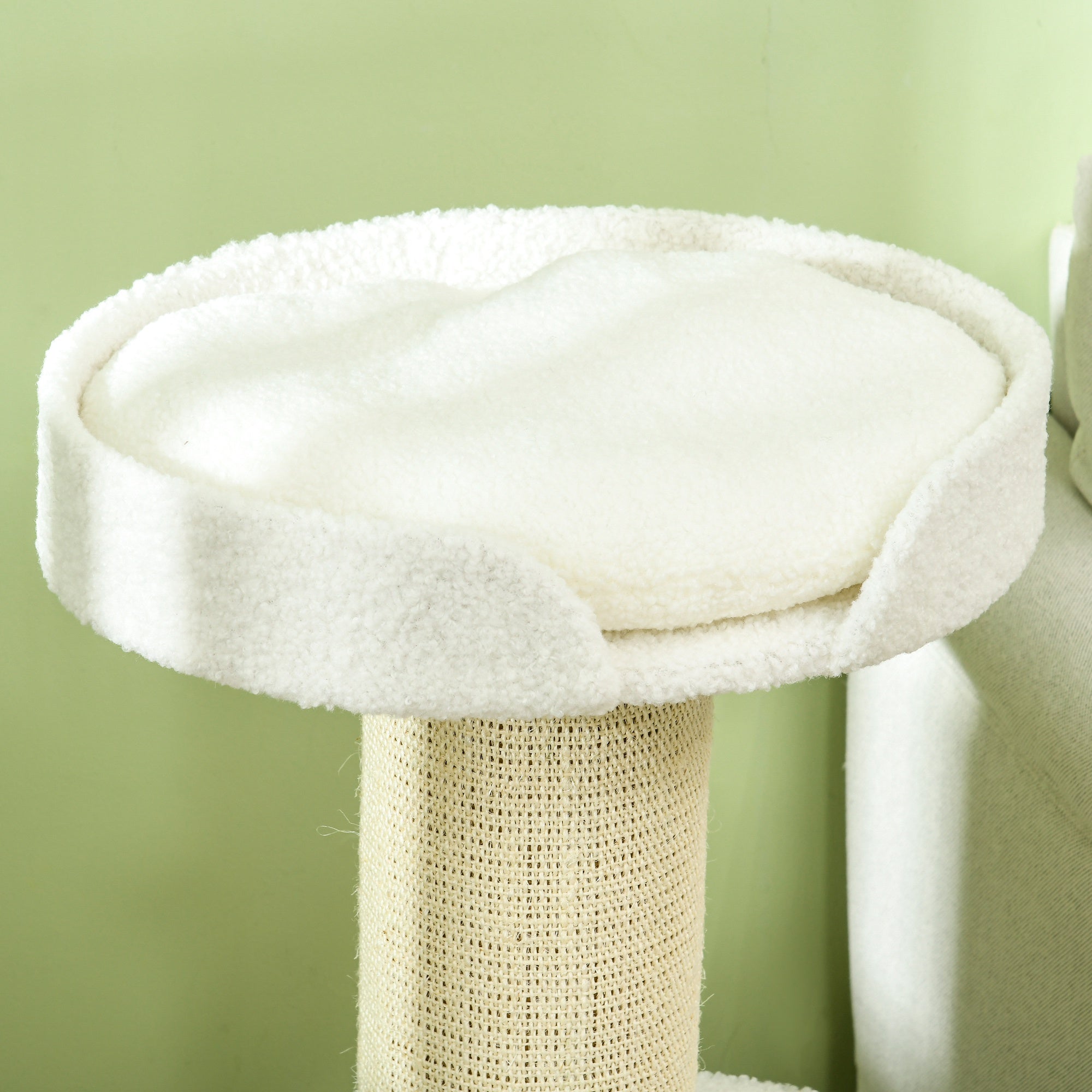 2 Tier Sisal Sherpa Cat Tree with Basket Cushion Sisal Post Cream White