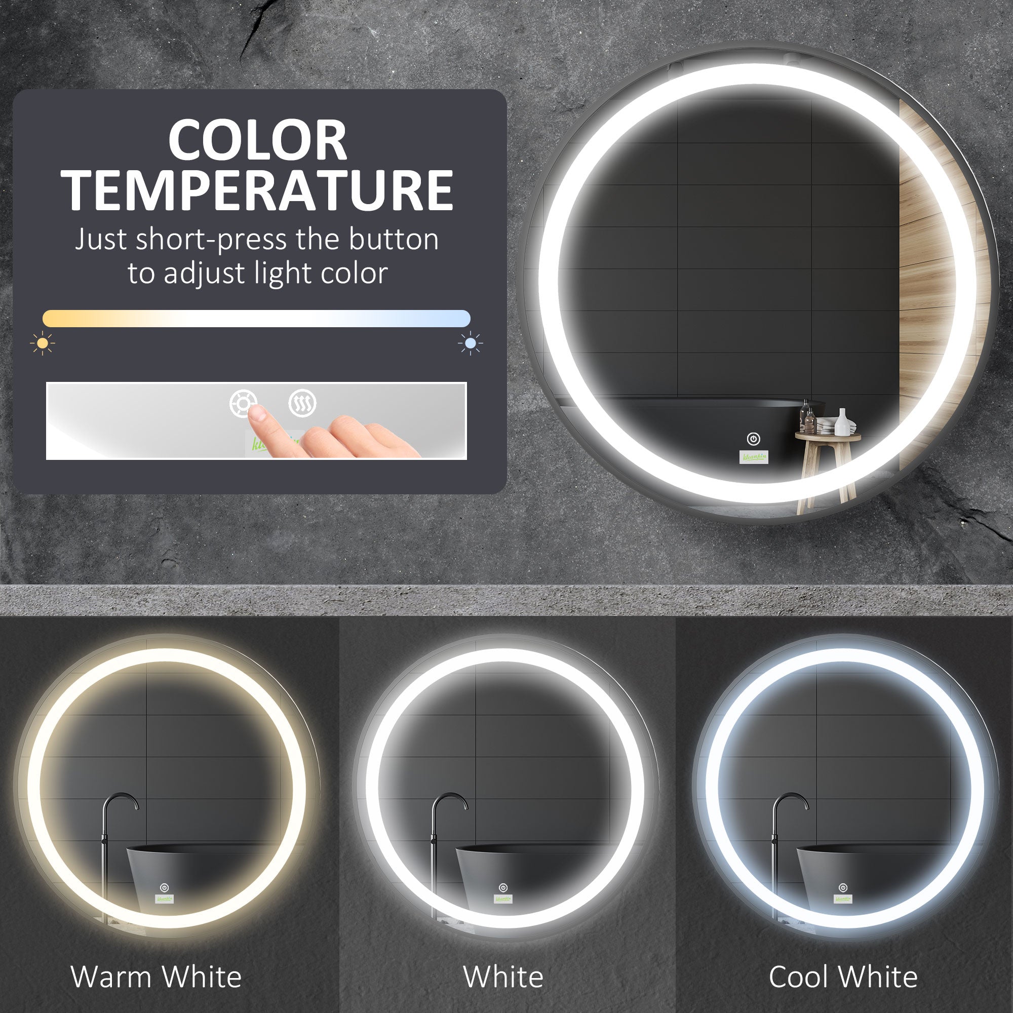 Round LED Bathroom Mirror, Dimmable Lighted Wall-Mounted Mirror with 3 Temperature Colours, Memory Function, Hardwired