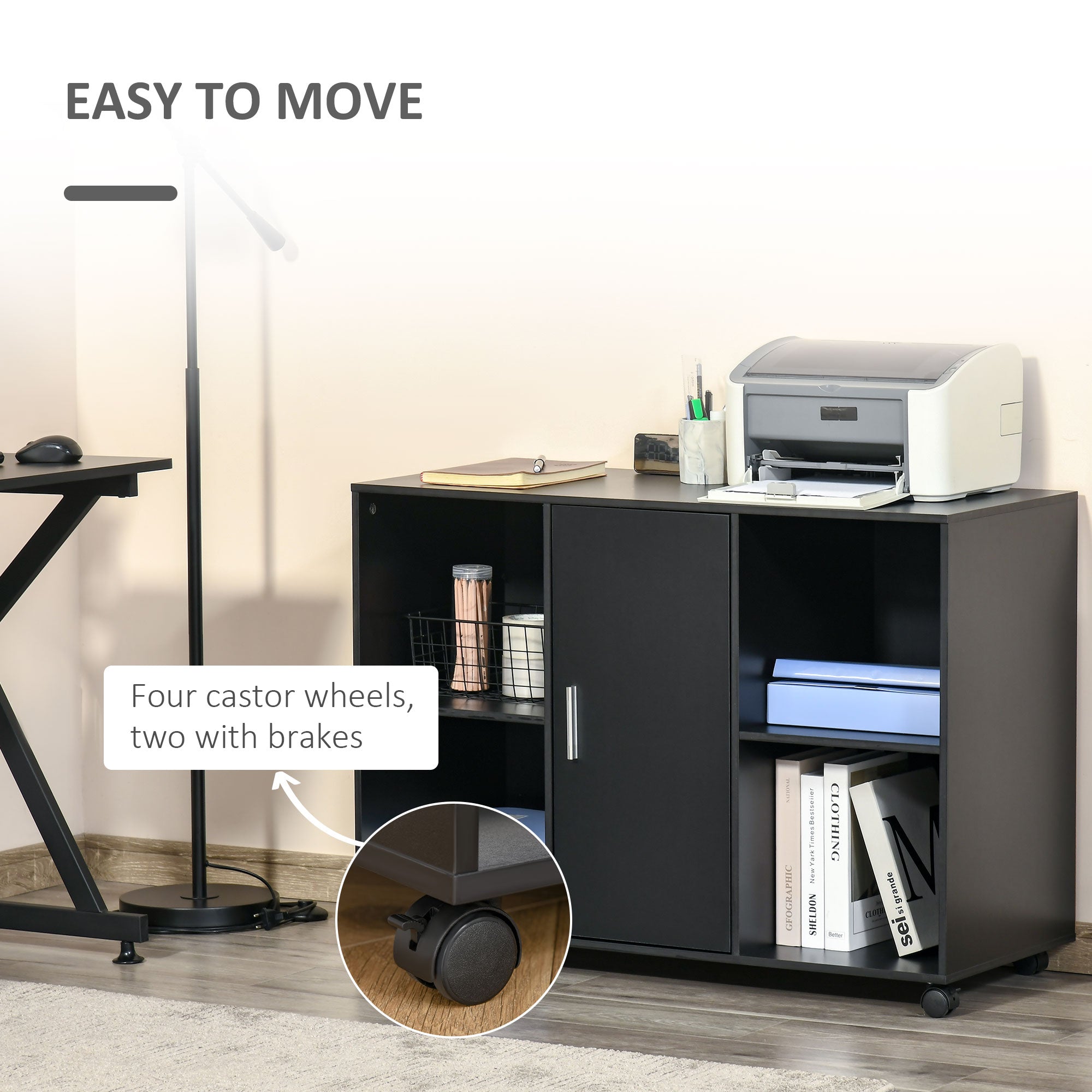 Mobile Office File Cabinet, Lateral Stationery Storage Cabinet, Printer Stand Unit with Wheels, Open Compartment and Cupboard, Black