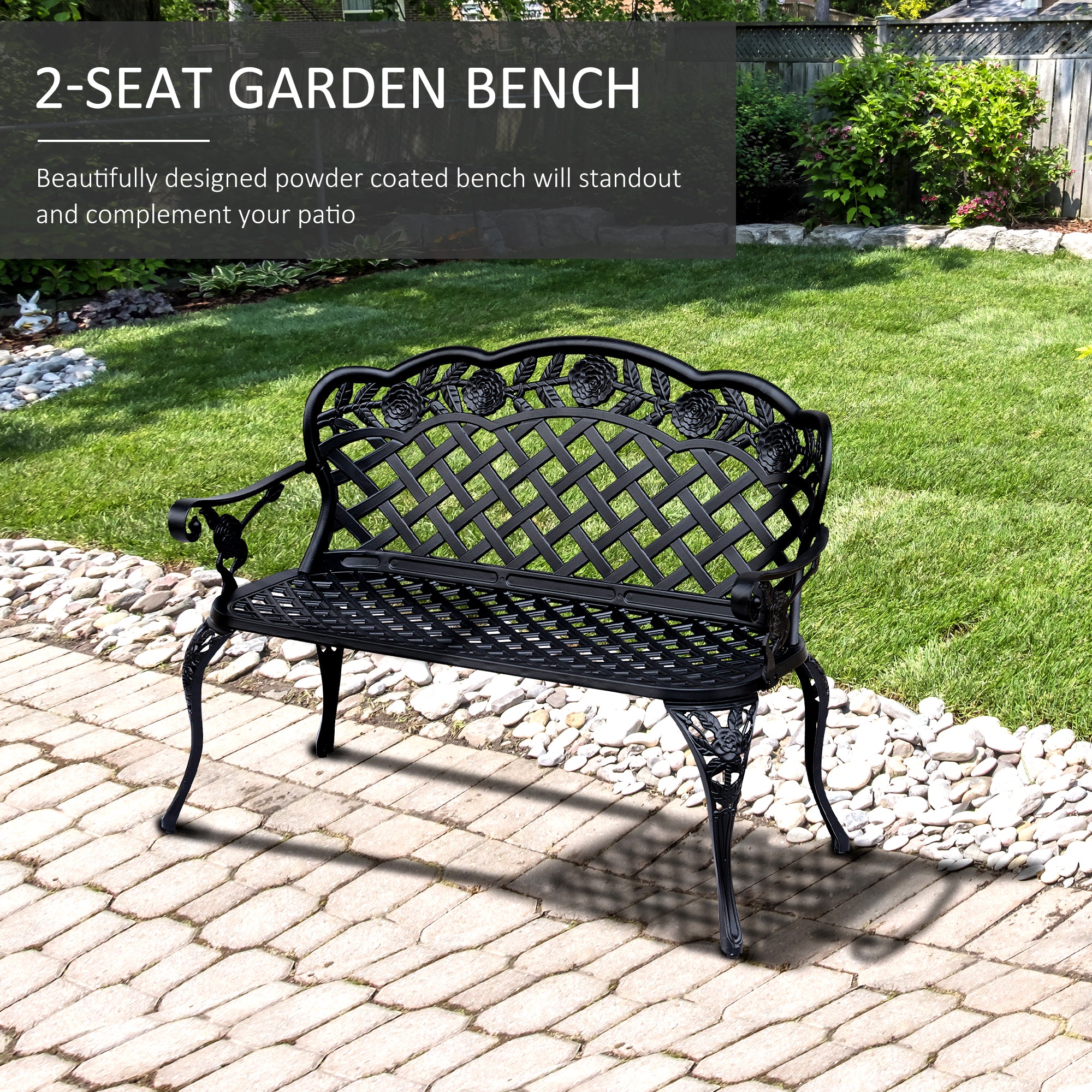 Cast Aluminium Garden Bench Outdoor Patio 2 Seater High Back Chair Armrest Antique Style Black