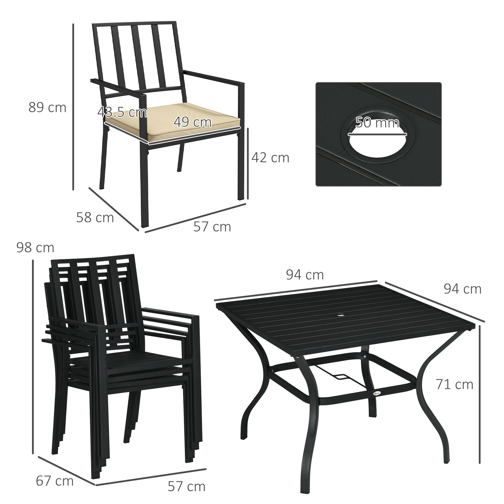 5 Pieces Garden Dining Set with Cushions, Outdoor Table and 4 Stackable Chairs, Metal Top Table with Umbrella Hole, Black