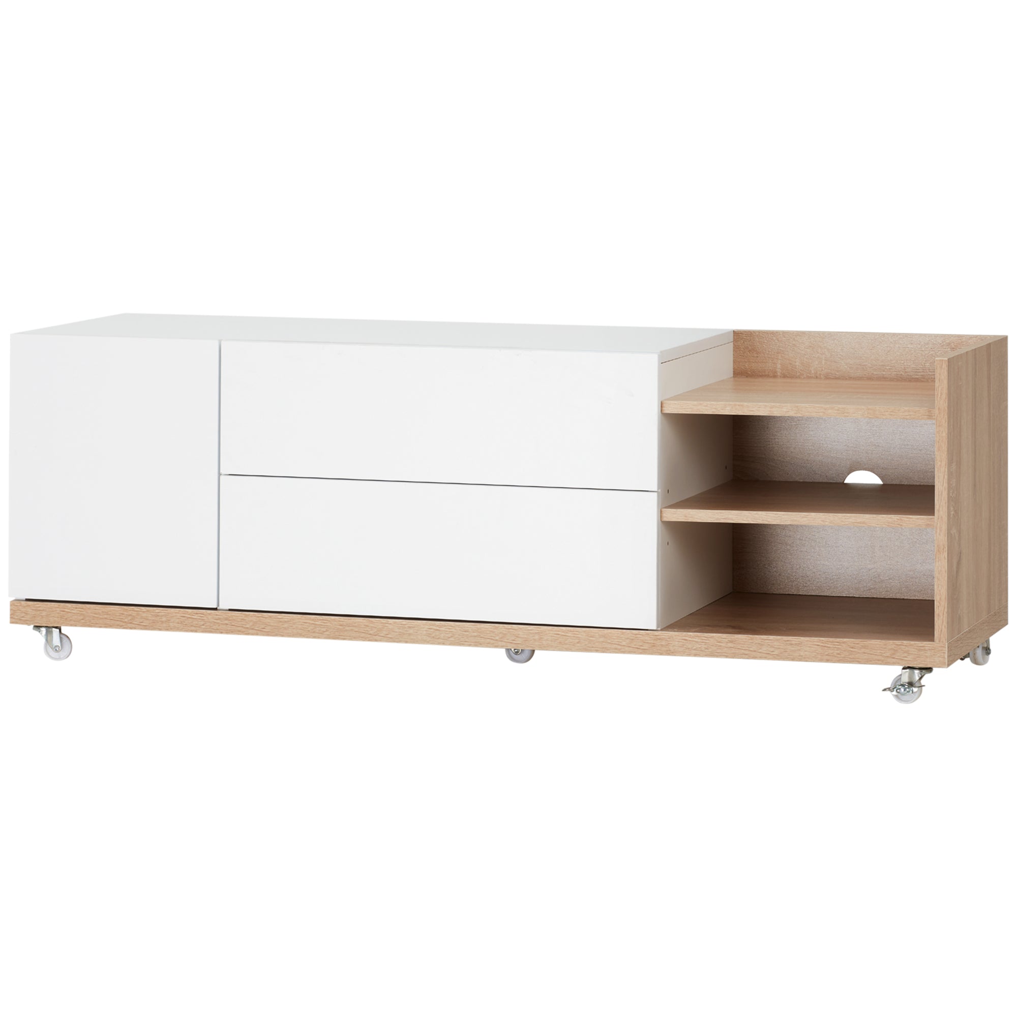 Modern TV Stand Unit for TVs up to 46" with Wheels, Storage Shelves and Drawers, 120cmx39cmx42cm, White and Natural