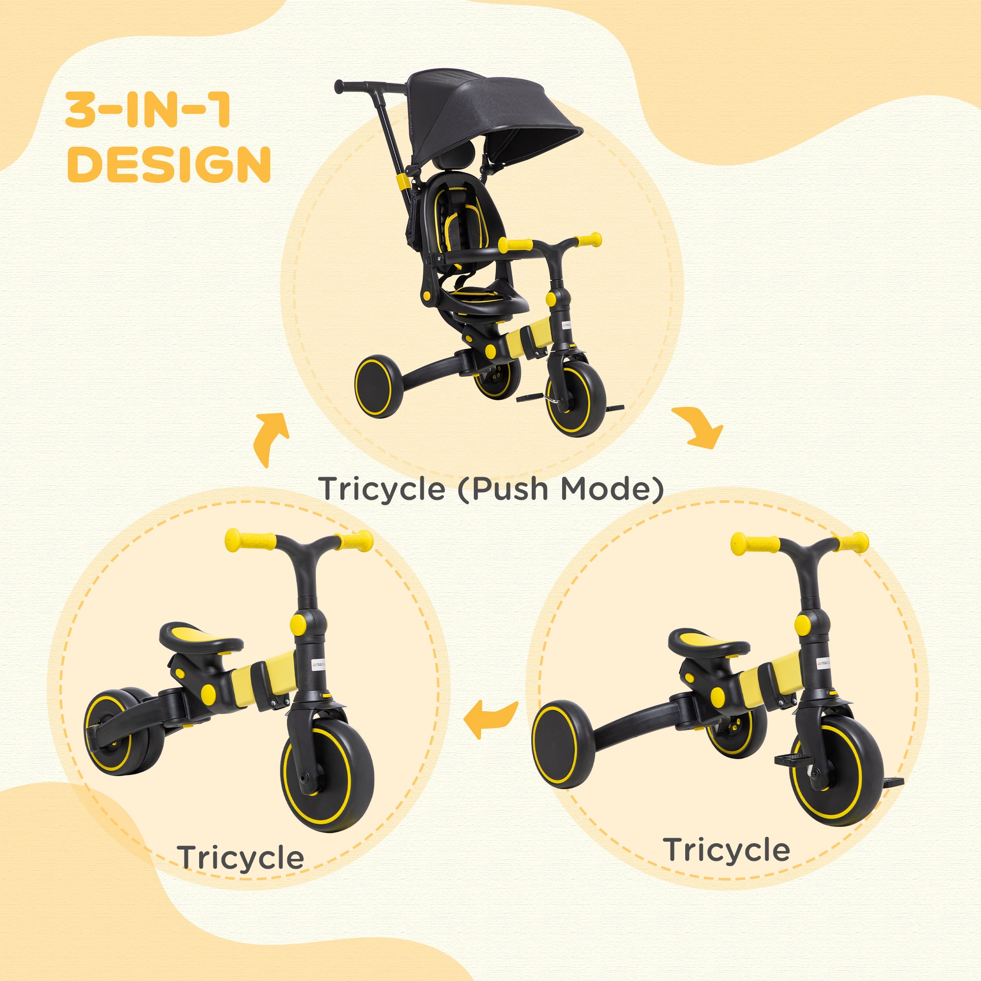 3-in-1 Tricycle for Kids with Aluminium Frame, Baby Trike with Adjustable Push Handle, Canopy and Seat Angle for 18-48 Months, Yellow