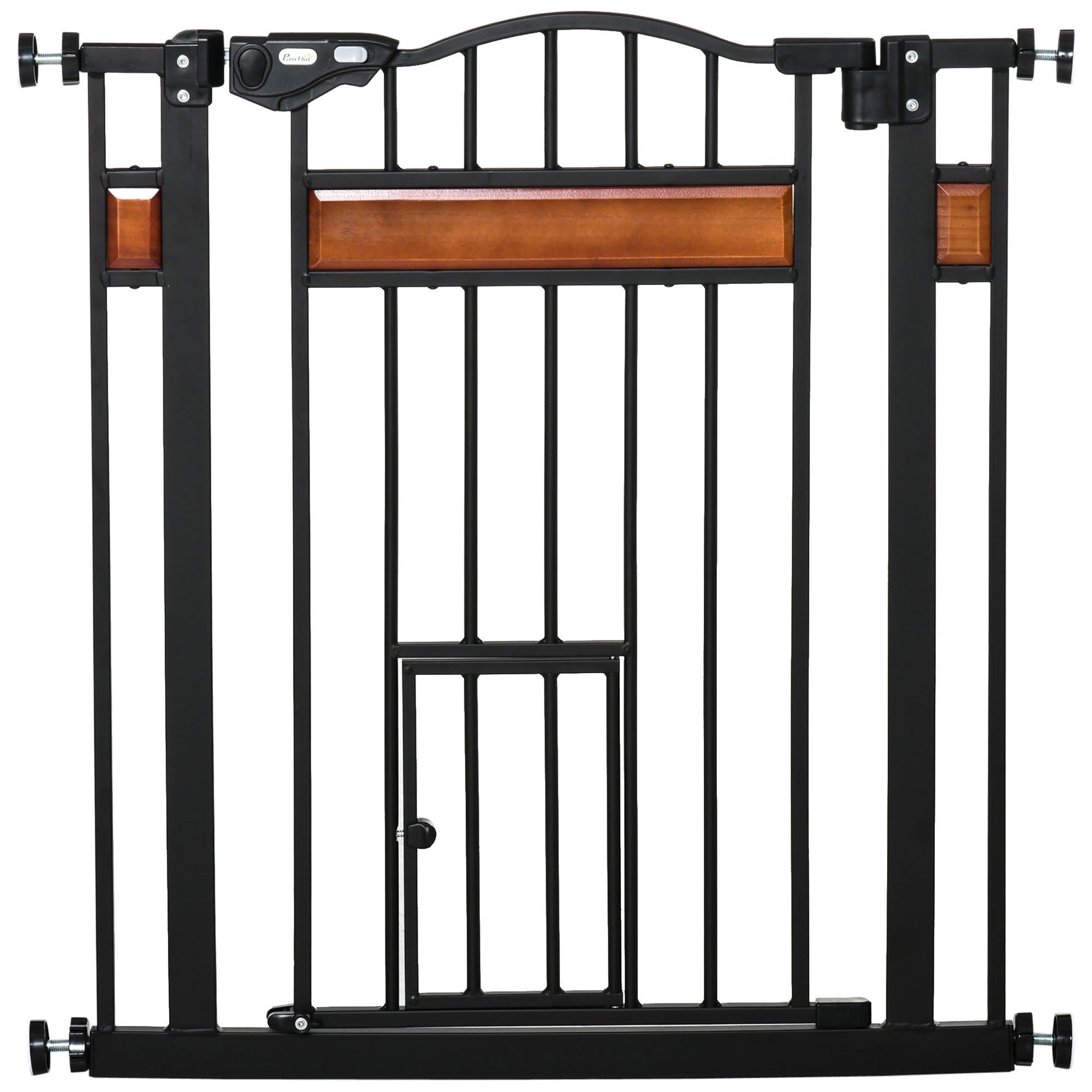 Dog Gate with Cat Door Pet Safety Gate, Auto Close Double Locking Pine Wood Decoration, for Doorways Stairs Indoor, 74-80 cm Wide, Black