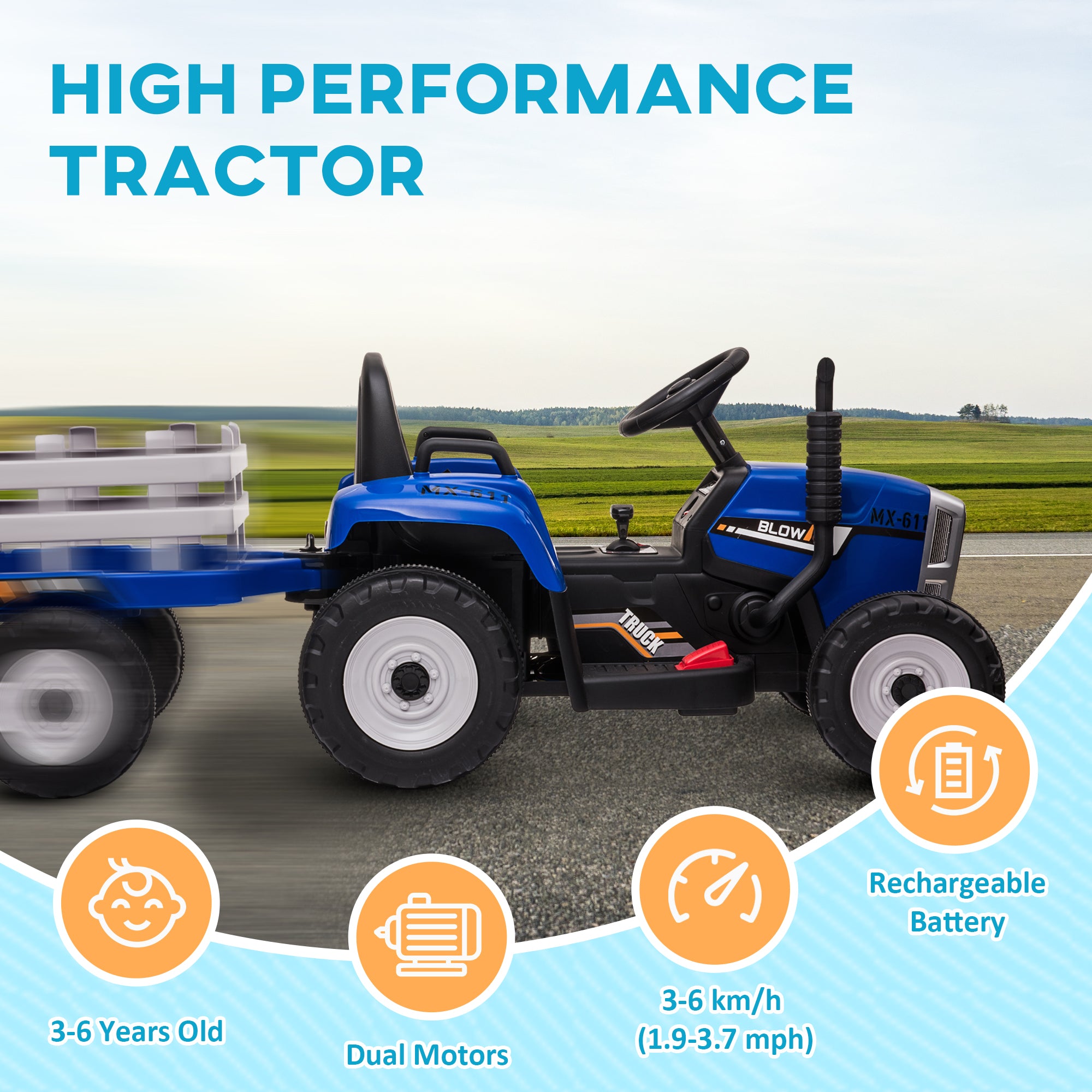 Electric Ride on Tractor w/ Detachable Trailer, 12V Kids Battery Powered Electric Car w/ Remote Control, Music Start up Sound, Blue