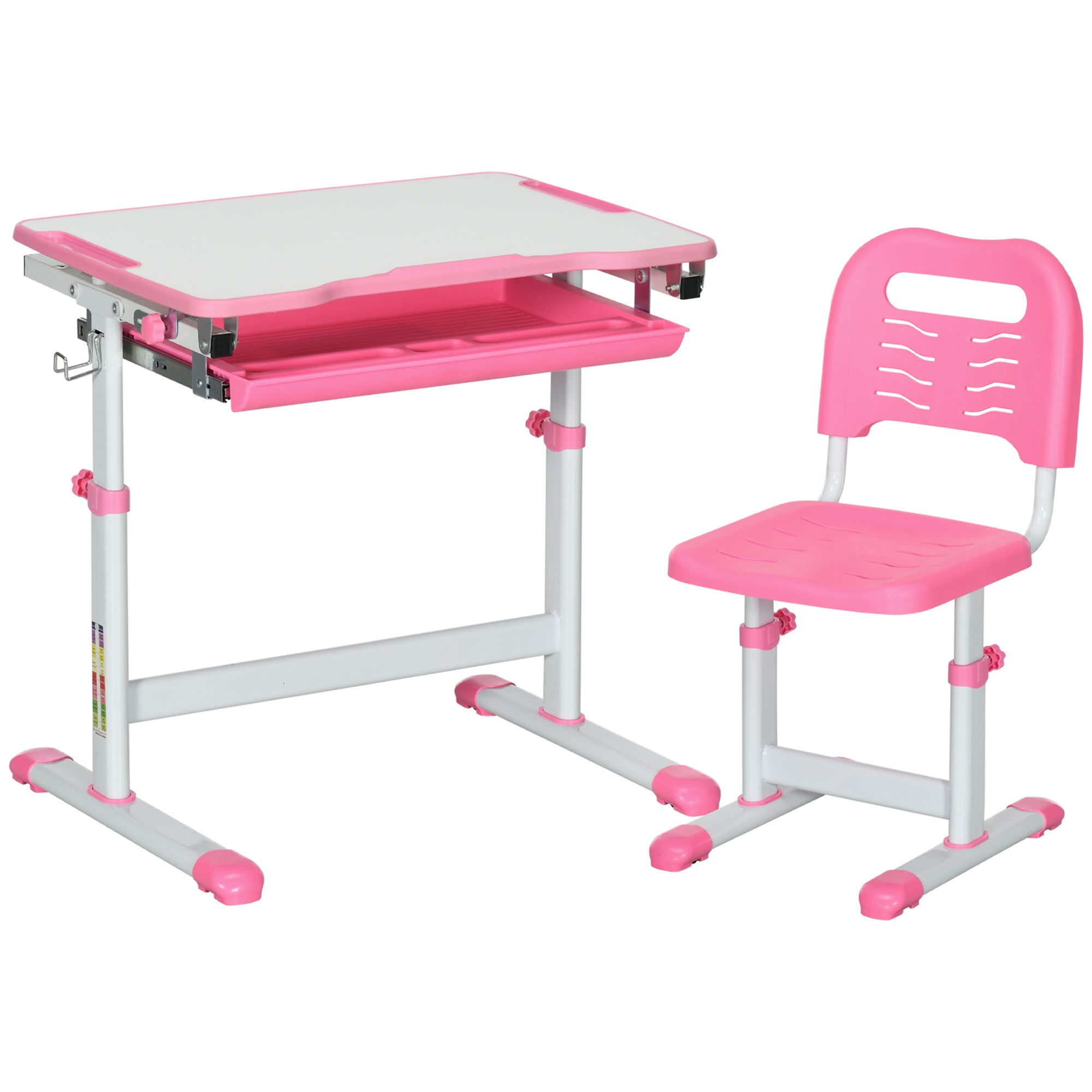 Kids Desk and Chair Set, Student Adjustable Writing Desk, with Drawer, Pen Slot, Hook - Pink