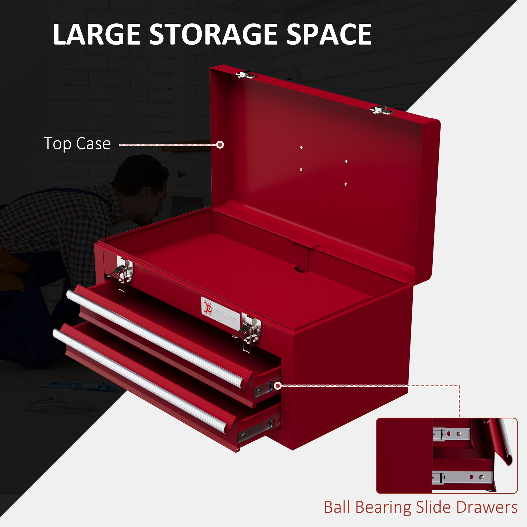 Lockable Metal Tool Box, 2 Drawer Tool Chest with Latches, Handle, Ball Bearing Runners, Red