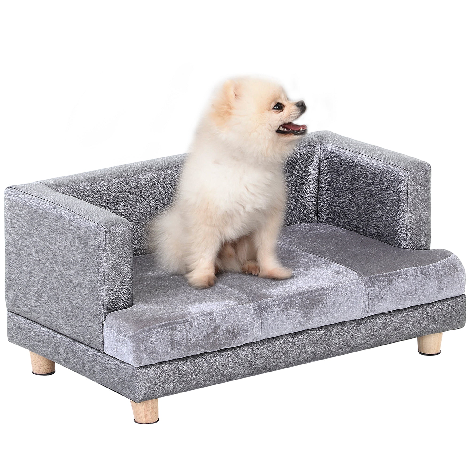 Dog Sofa Bed for Small-Sized Dogs, Elevated Pet Chair with PU Cover, Soft Cushion, Cat Couch Lounger with Anti-slip Legs - Grey