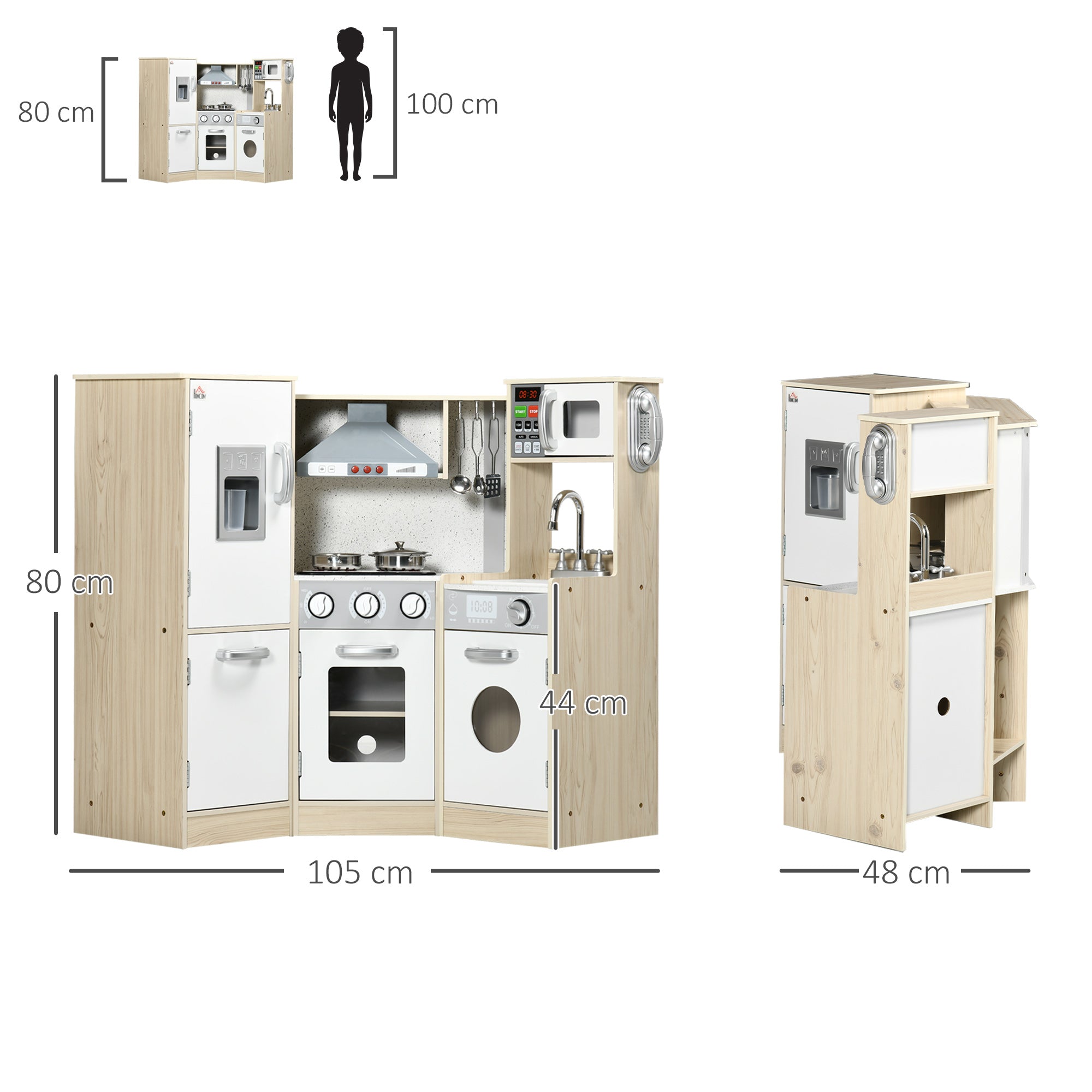 Toy Kitchen for Kids with Role Play Accessories, Wooden Corner Pretend Kitchen with Sound and Light, Phone, Microwave, Refrigerator, Ice Maker