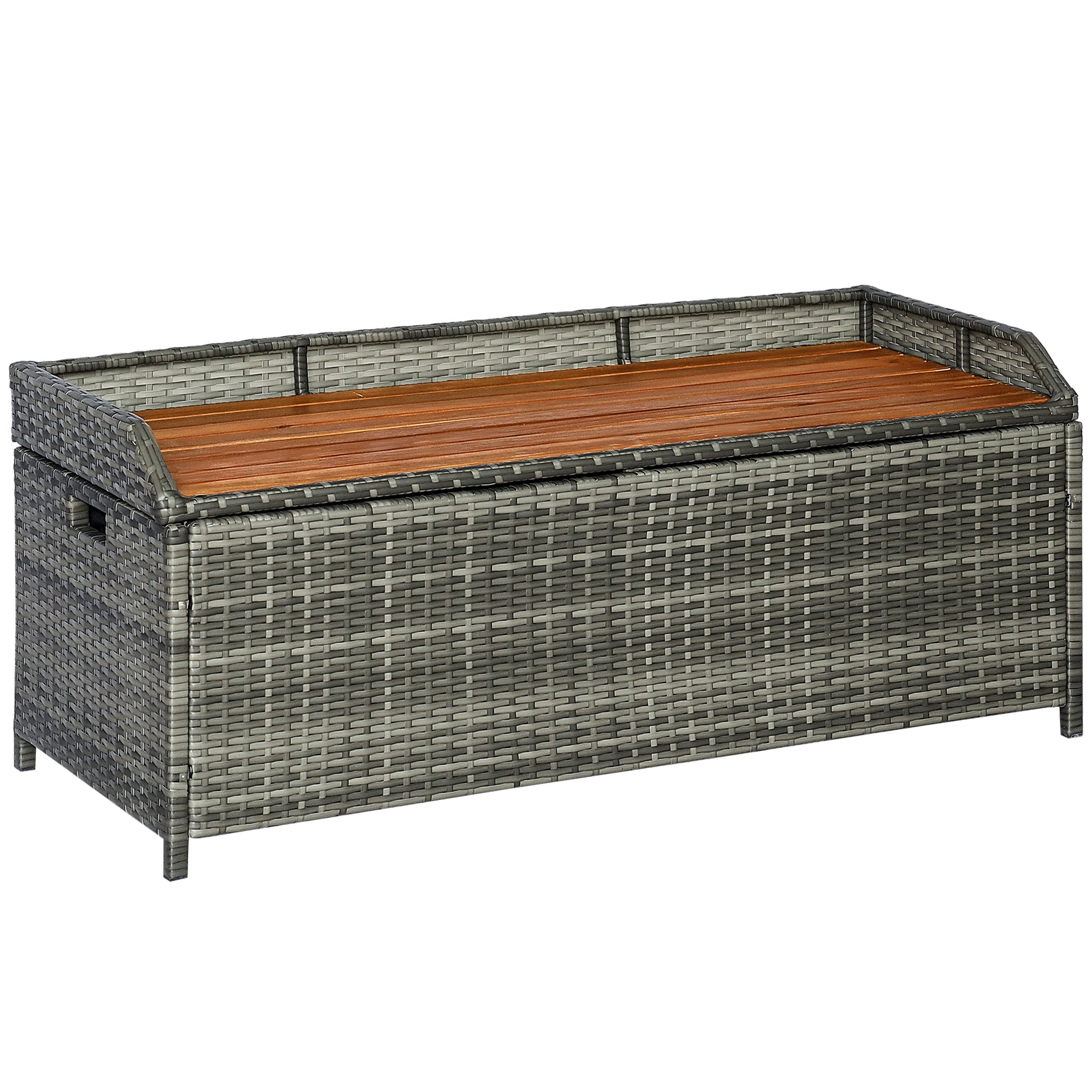 Patio Wicker Storage Bench Box, Outdoor Garden PE Rattan Pool Storage Deck Bin Box w/ Natural Wood Top, Lid, for Storing Tools Mixed Grey