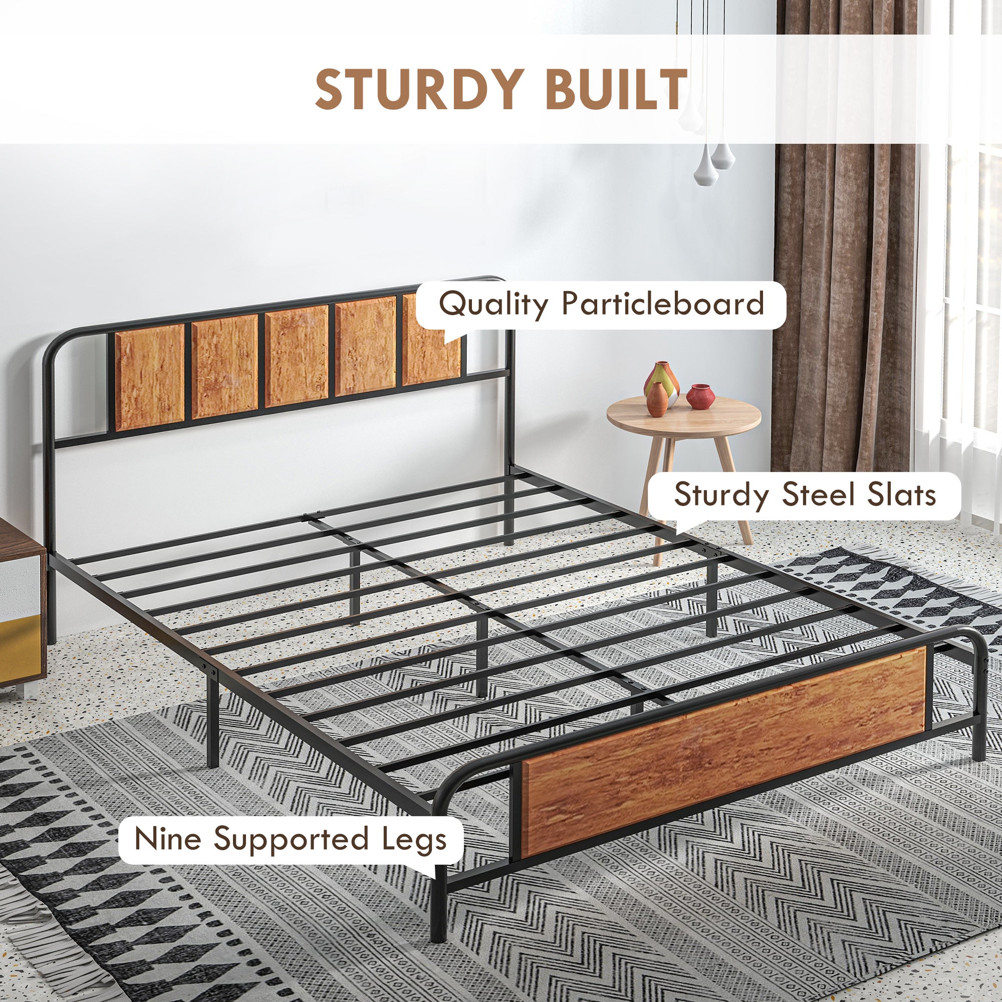 Industrial Style King Bed Frame with Curved Headboard & Footboard