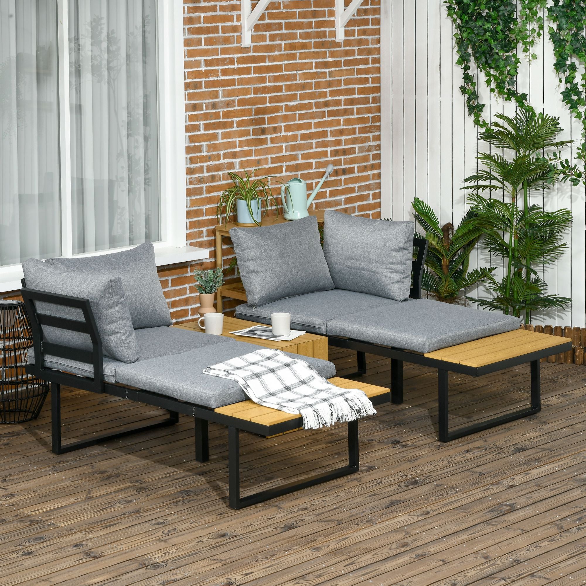 4-Seater Garden Sofa Set Patio Conversation Set w/ Padded Cushions, Wood Grain Plastic Top Table and Side Panel, Dark Grey