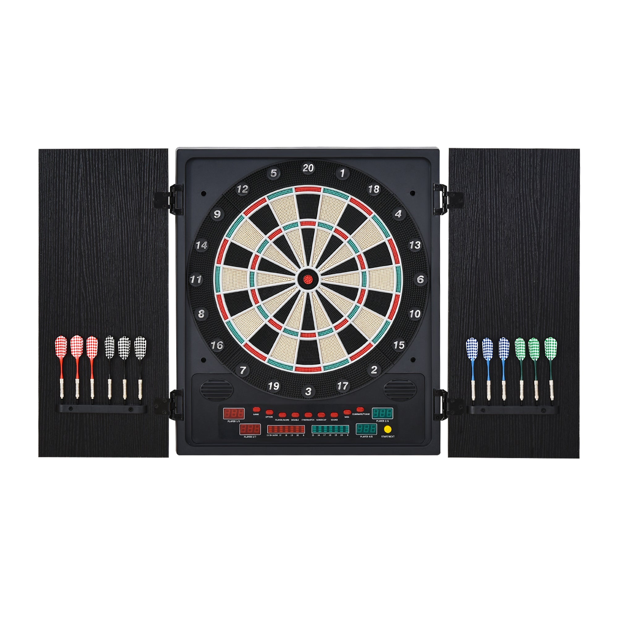 Electronic Dartboard In Case LED Scoreboard w/ 12 Darts 30 Heads Side Storage Cabinet Classic Game Family Fun Game Black White