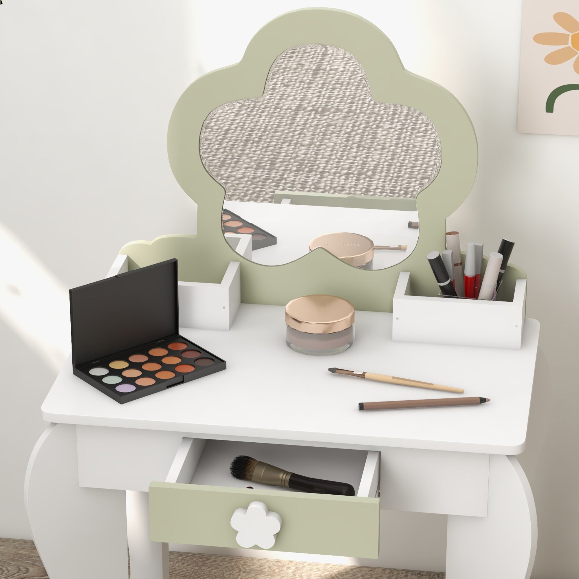 Kids Vanity Table with Mirror and Stool, Drawer, Storage Boxes, Beauty Flower Design, for 3-6 Years Old, White