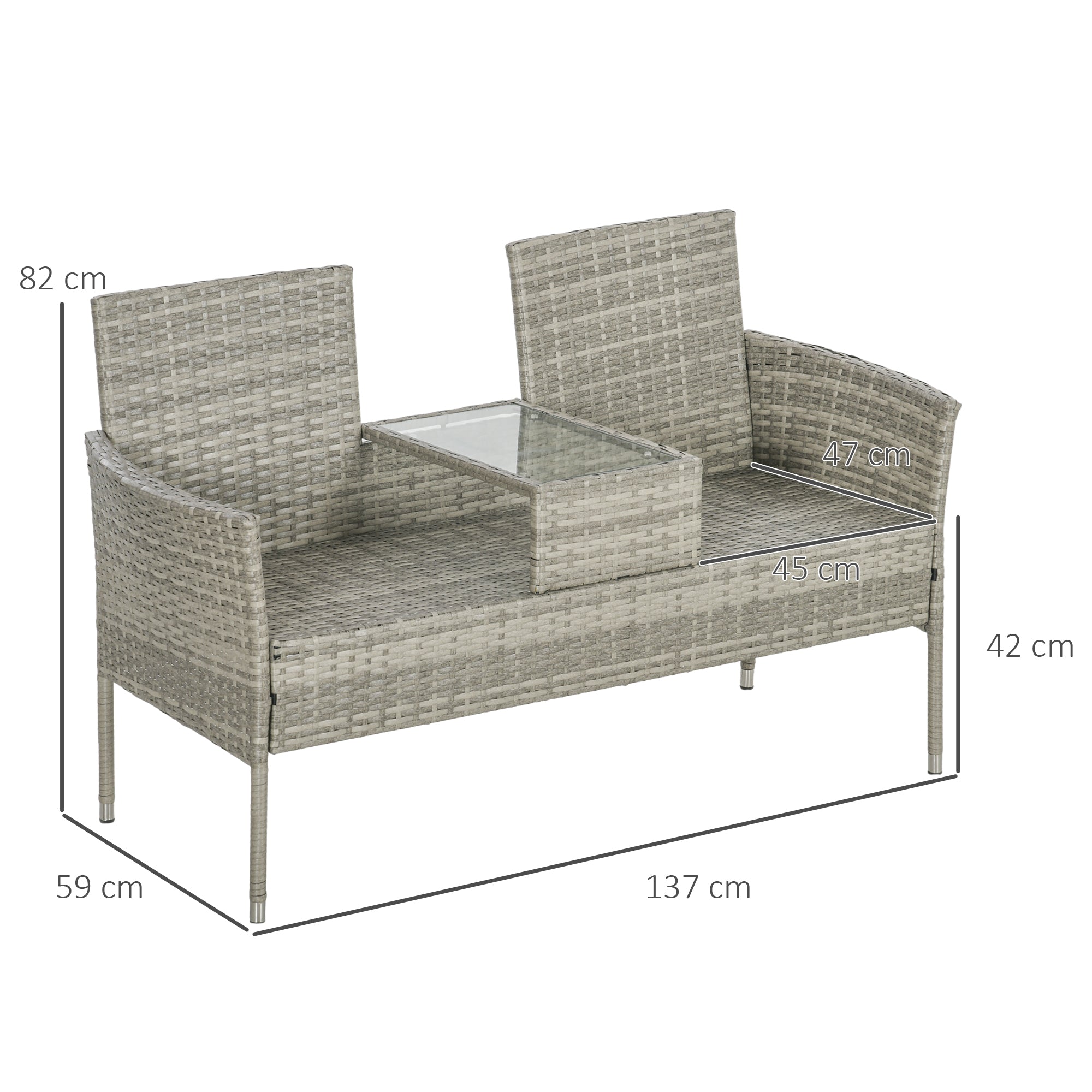 2 Piece Rattan Garden Loveseat Set with Glass Table - Grey