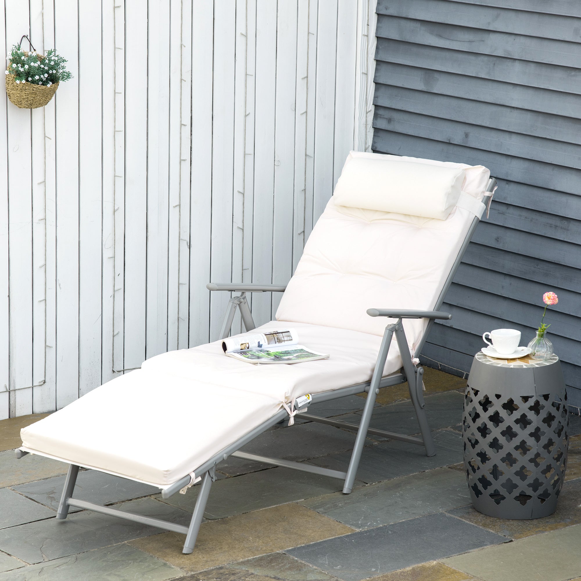 Outdoor Patio Sun Lounger Garden Texteline Foldable Reclining Chair Pillow Adjustable Recliner with Cushion - Cream White