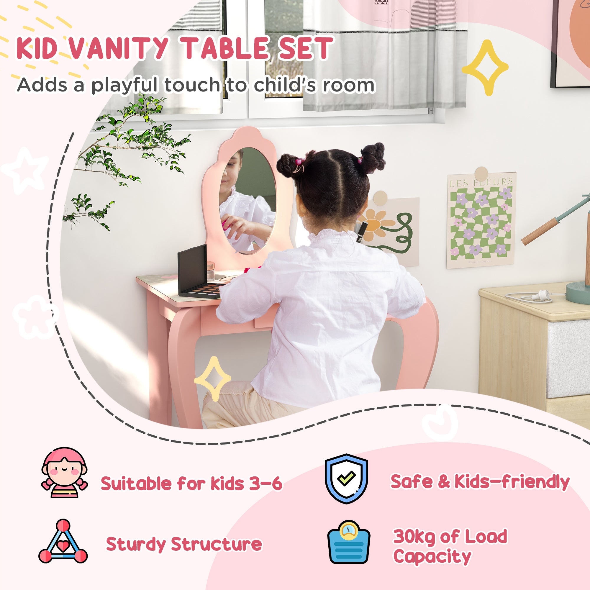 Toddler Bed Frame, Kids Dressing Table with Mirror and Stool, Cute Animal Design Kids Bedroom Furniture Set for Ages 3-6 Years, Pink