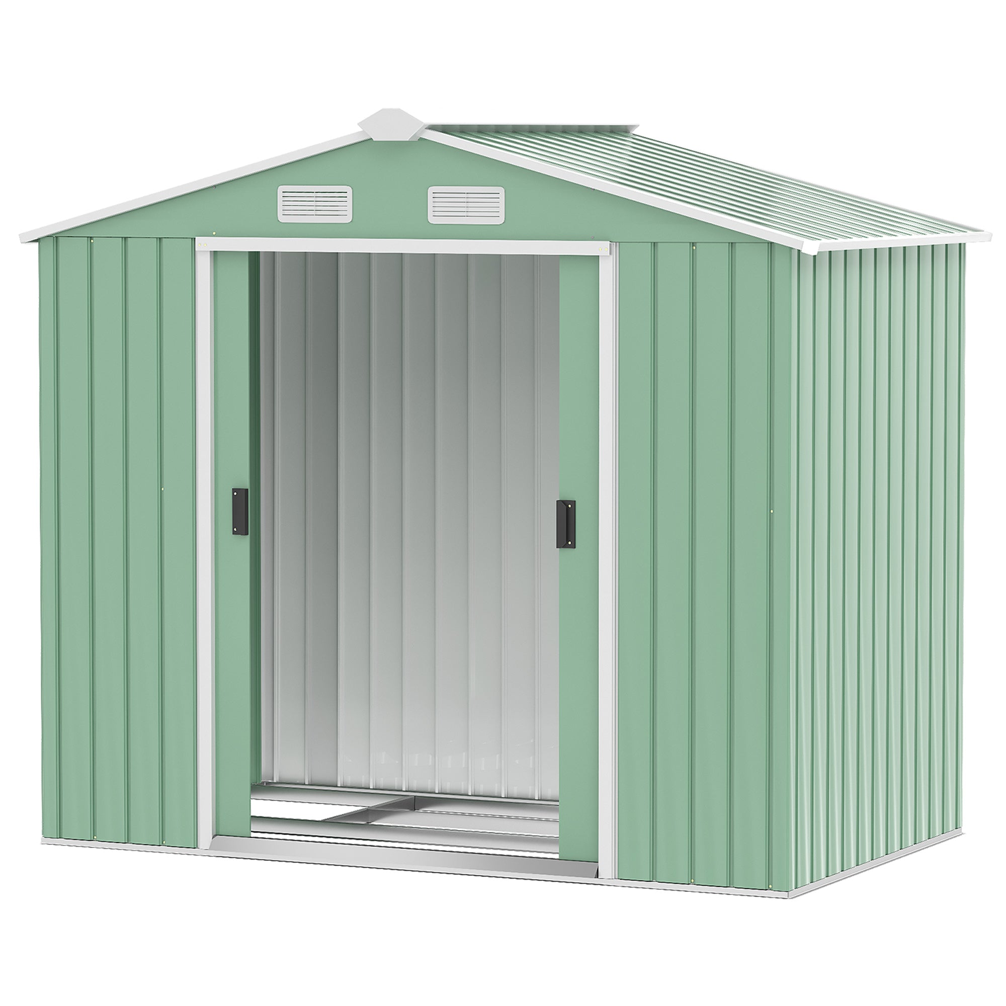 7ft x 4ft Lockable Garden Metal Storage Shed Large Patio Roofed Tool Storage Building Foundation Sheds Box Outdoor Furniture, Light Green