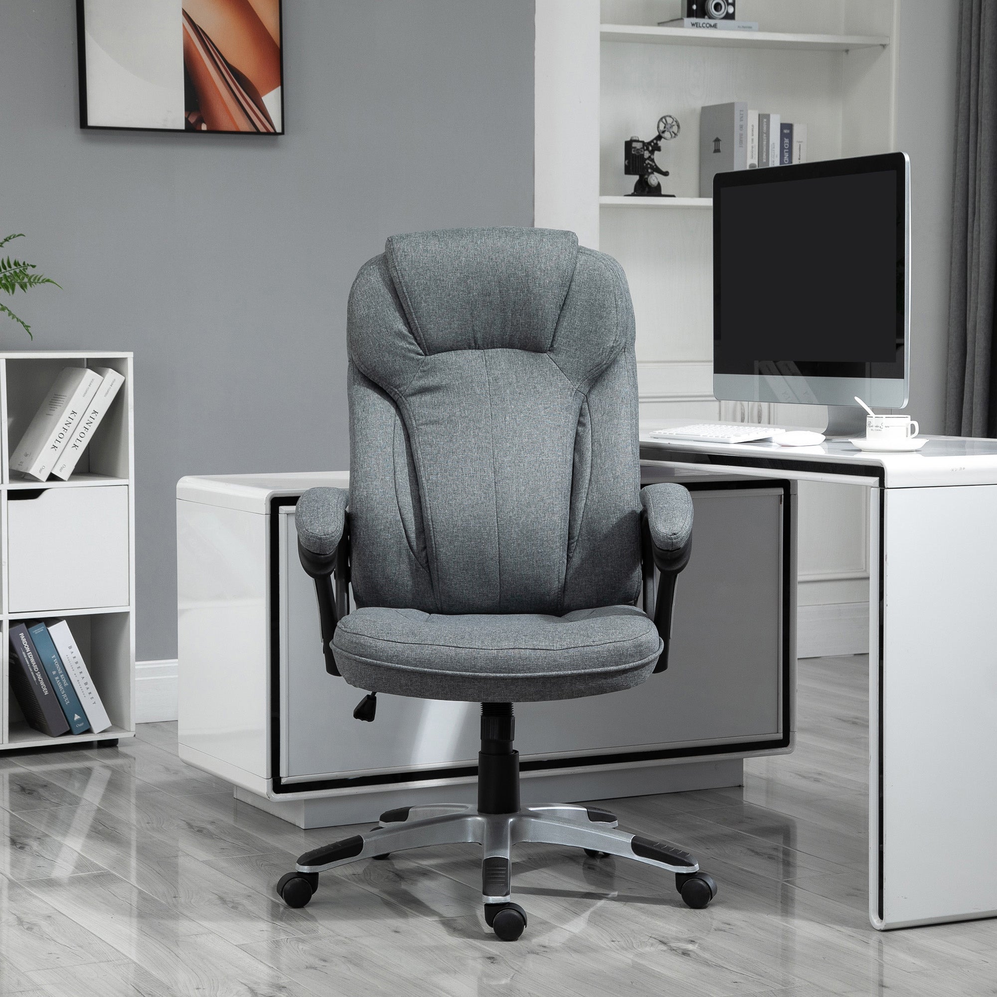 Swivel Chair Linen Fabric Home Office Chair, Height Adjustable Computer Chair with Padded Armrests and Tilt Function, Grey