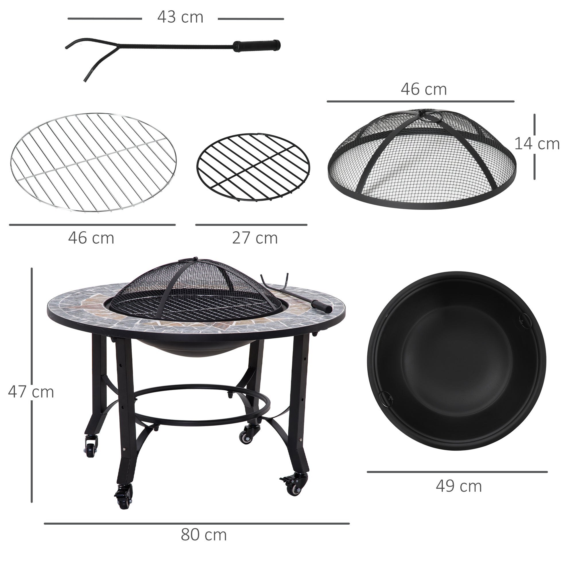 2-in-1 Outdoor Fire Pit on Wheels, Patio Heater with Cooking BBQ Grill, Firepit Bowl with Screen Cover, Fire Poker for Backyard Bonfire