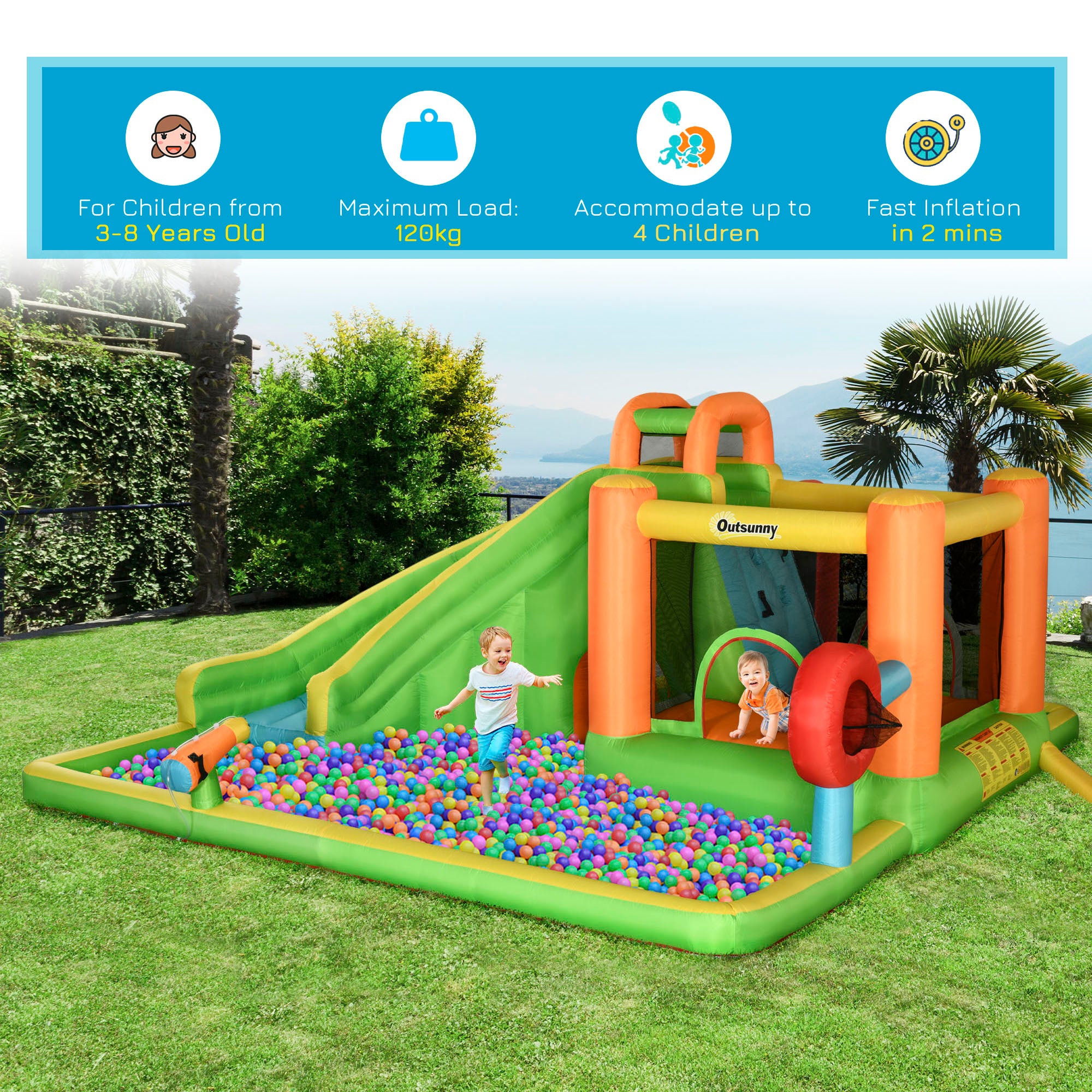 7 in 1 Kids Bouncy Castle Water Slide Bounce House Includes Slide, Trampoline, Pool, Water Gun, Ball-target, Boxing Post Tunnel w/Air Blower