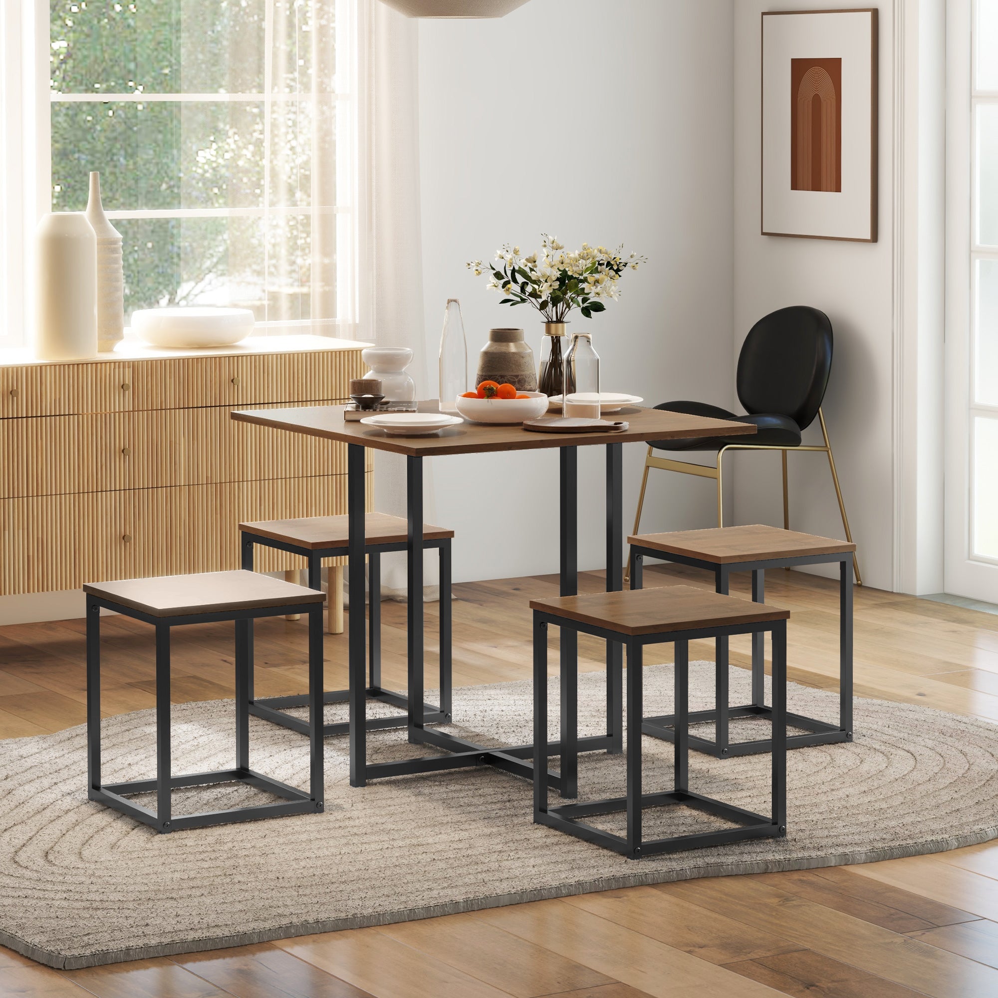 5 PCS Industrial Table & Stool Set w/ Metal Frame Home Dining Stylish Square Compact Seating Chair Beautiful Cool Black Brown