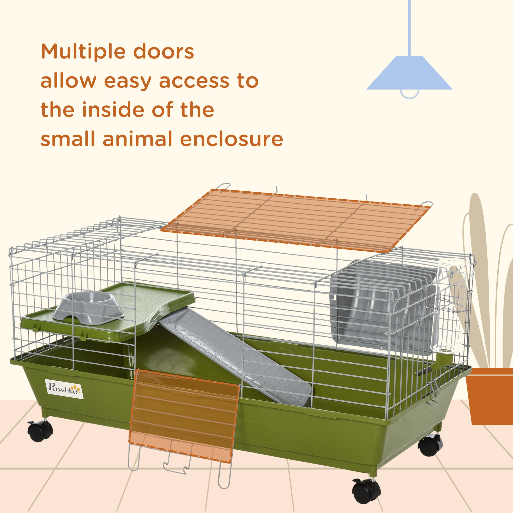 35" Small Animal Cage Chinchilla Guinea Pig Hutch Ferret Pet House with Platform Ramp, Food Dish, Wheels, & Water Bottle